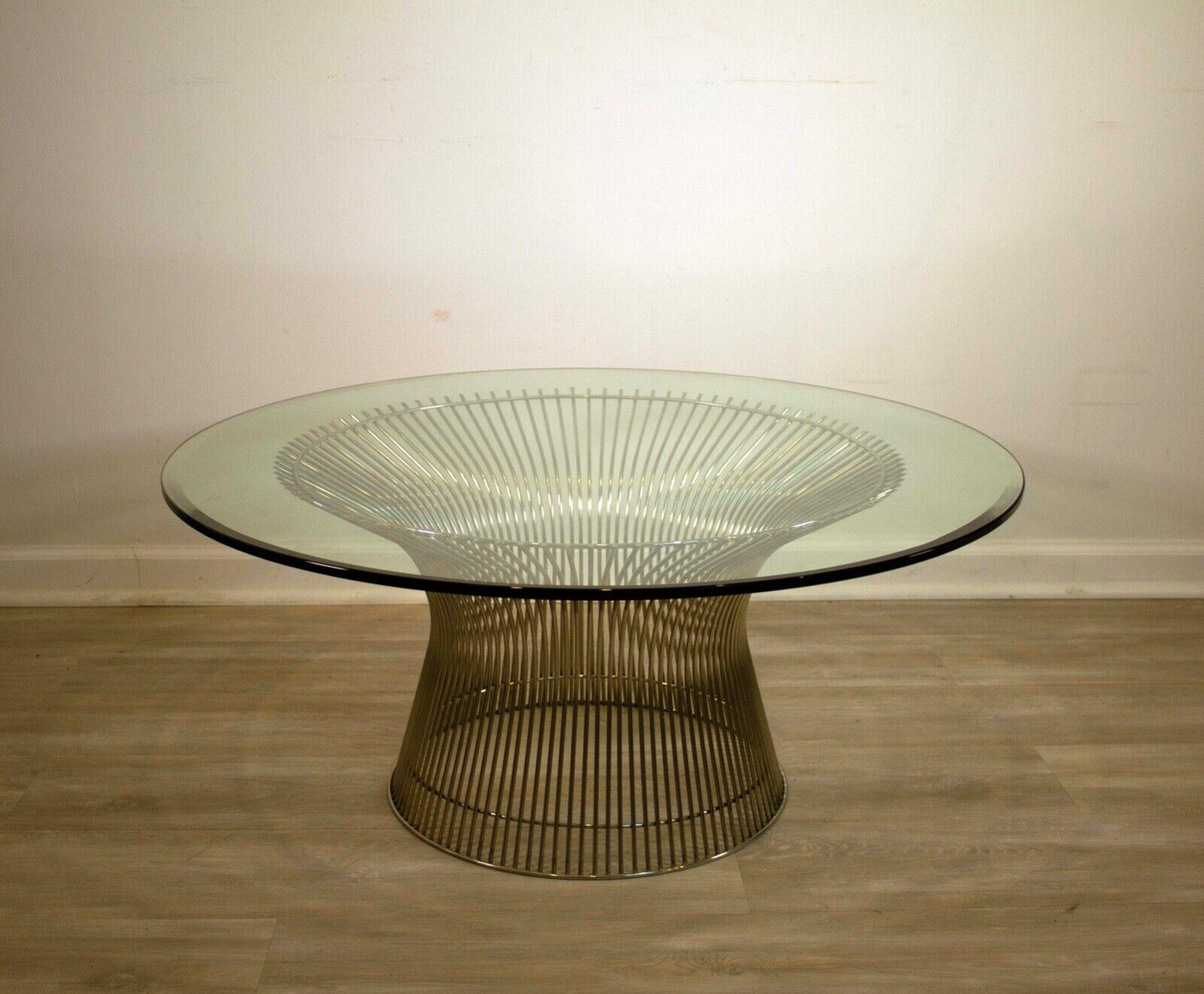 This Warren platner coffee table, a classic piece of Mid-Century Modern furniture, is up for sale. The sleek, Minimalist design of this table is a great addition to any Mid-Century Modern home. The chrome plated base and glass top allows it to blend