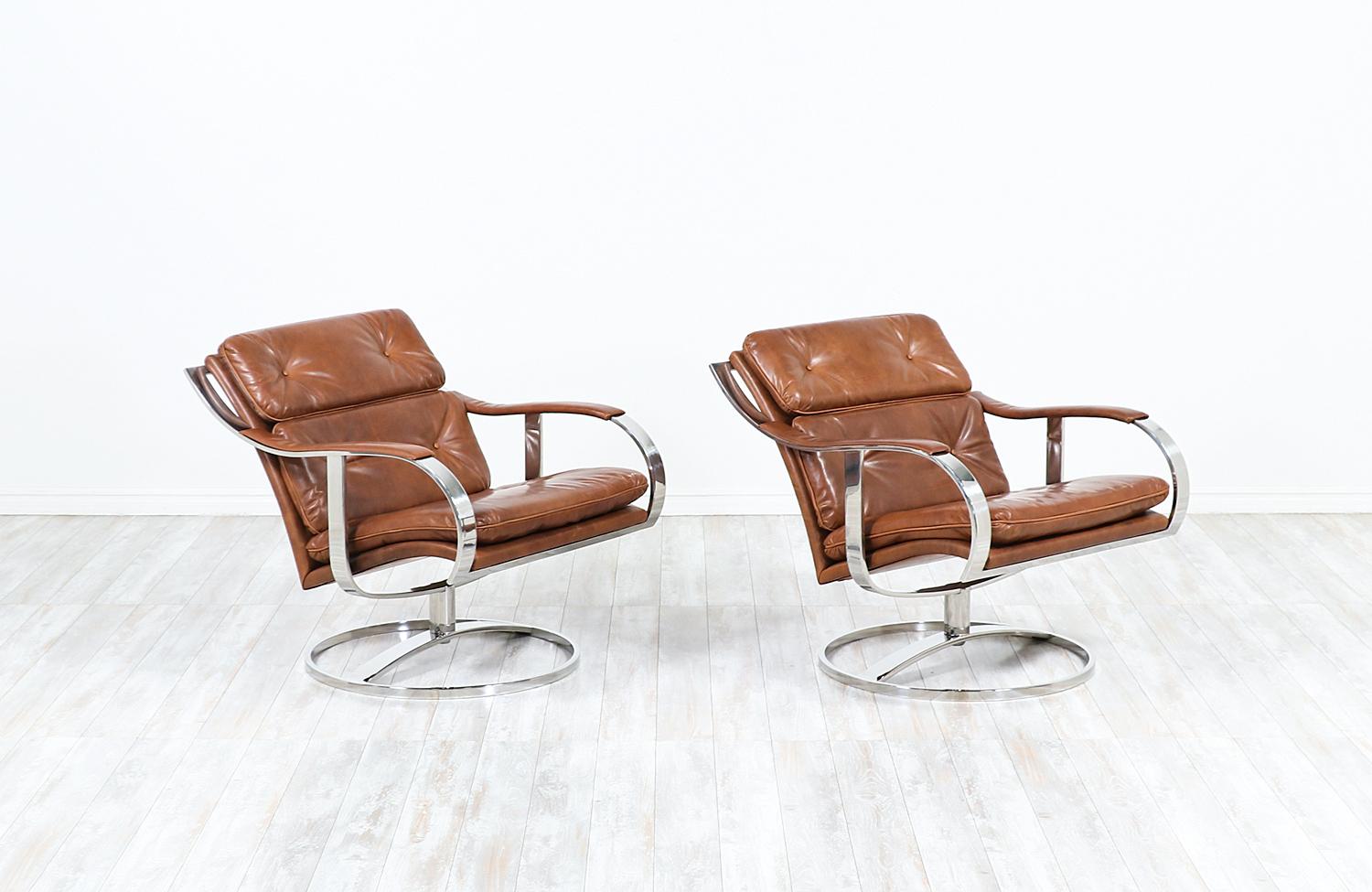 Mid-Century Modern Warren Platner Cognac Leather and Chrome Lounge Chairs for Steelcase