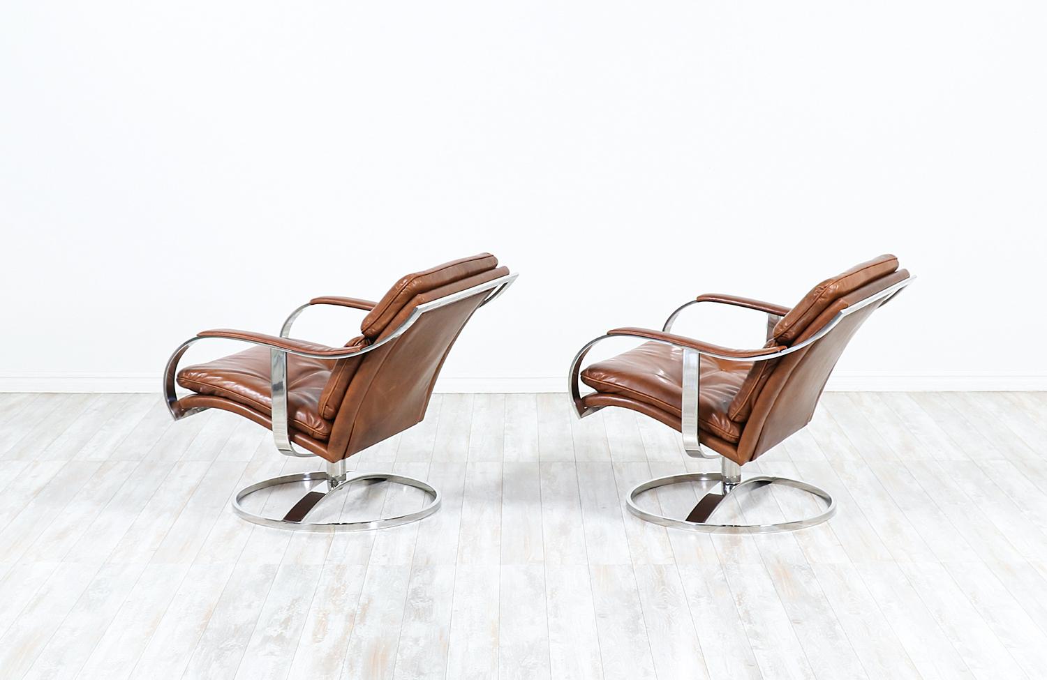American Warren Platner Cognac Leather and Chrome Lounge Chairs for Steelcase