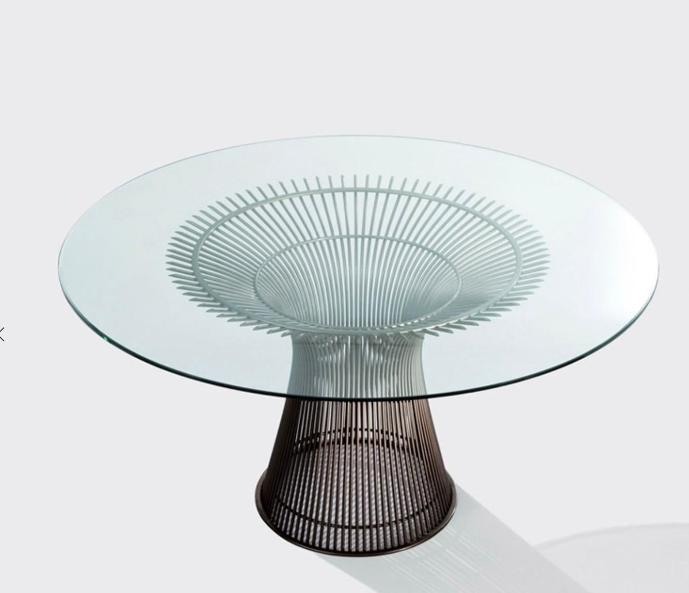 Platner dining table, model 3716T design by Warren Platner for Knoll in 1966. 
Its design features a base constructed of steel rods supporting the wooden top.   
Finish Polished steel, clear glass 
Base made of bundles of steel wire. Published by