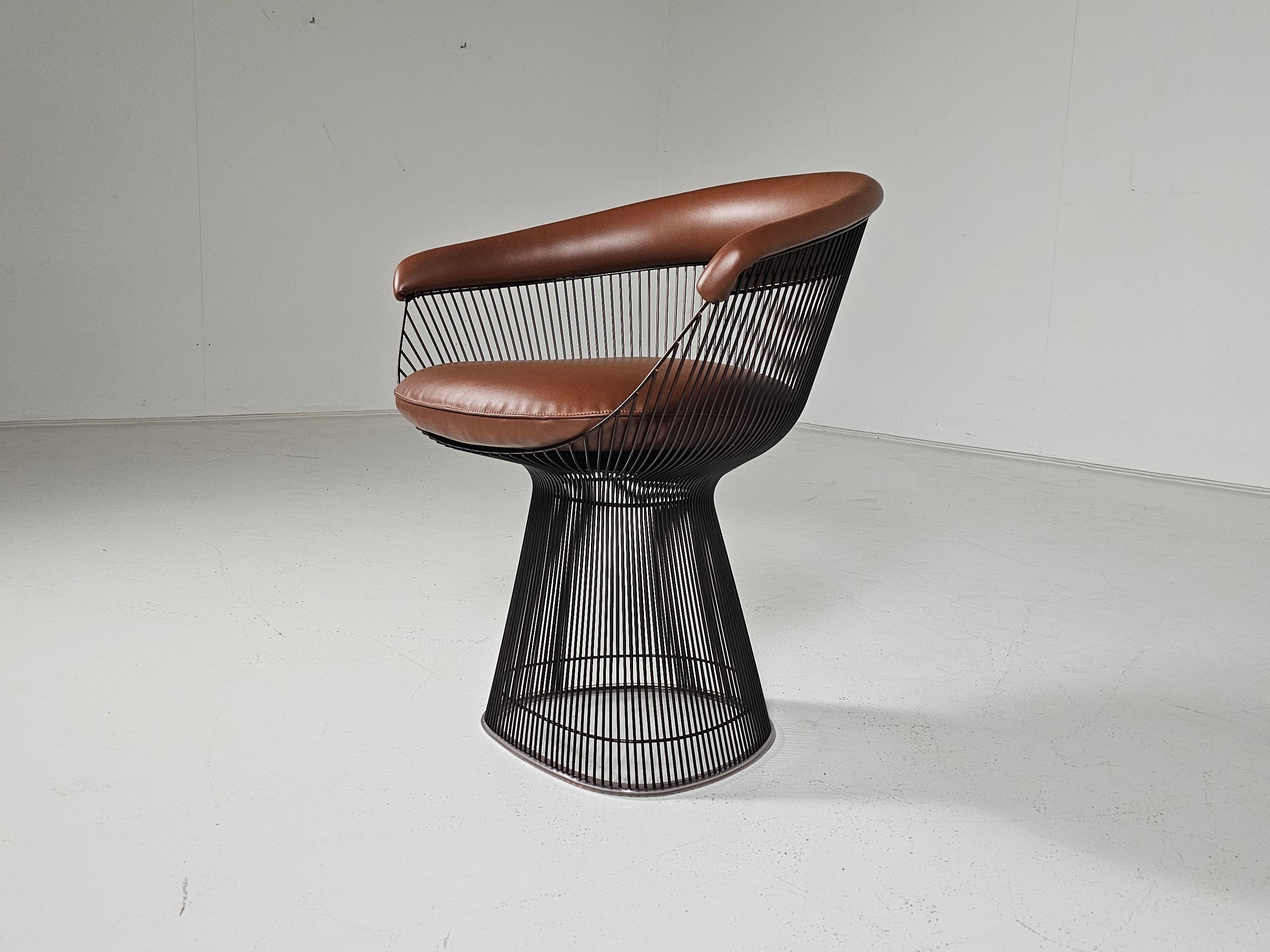Warren Platner dining chairs in bronze and brown leather, Knoll International For Sale 4