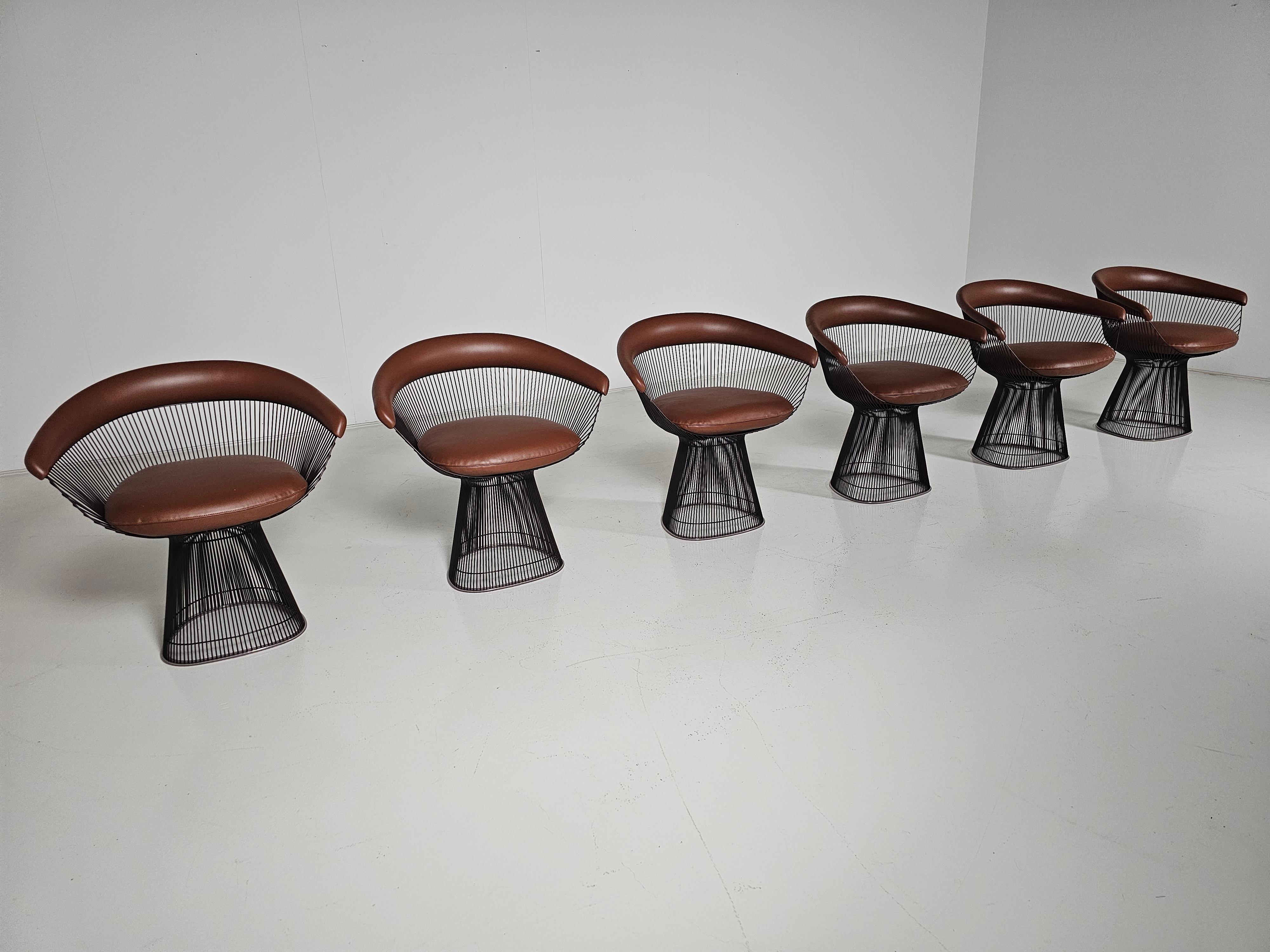 Warren Platner dining chairs in bronze and brown leather, Knoll International In Excellent Condition For Sale In amstelveen, NL