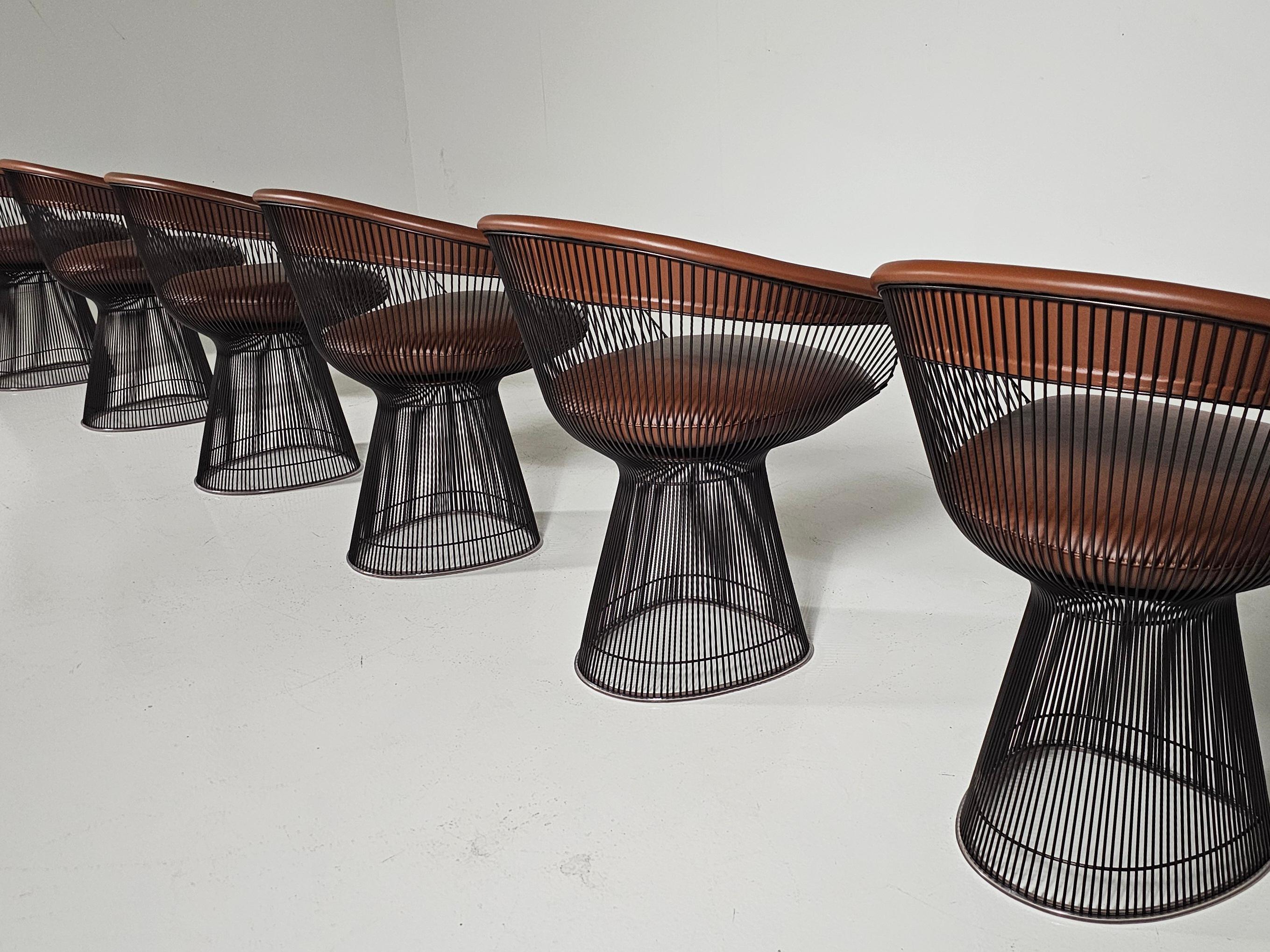 Warren Platner dining chairs in bronze and brown leather, Knoll International For Sale 1