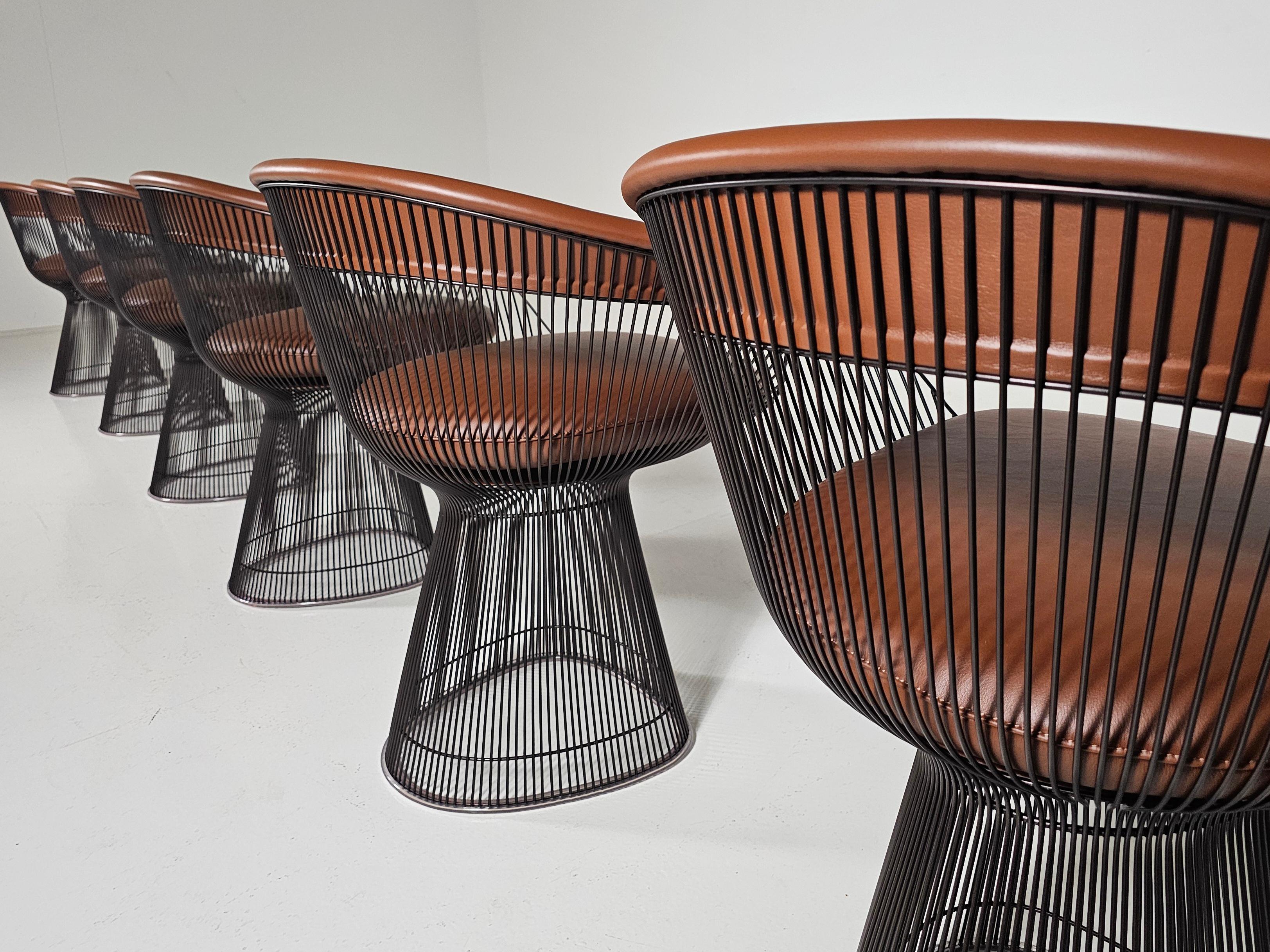 Warren Platner dining chairs in bronze and brown leather, Knoll International For Sale 2