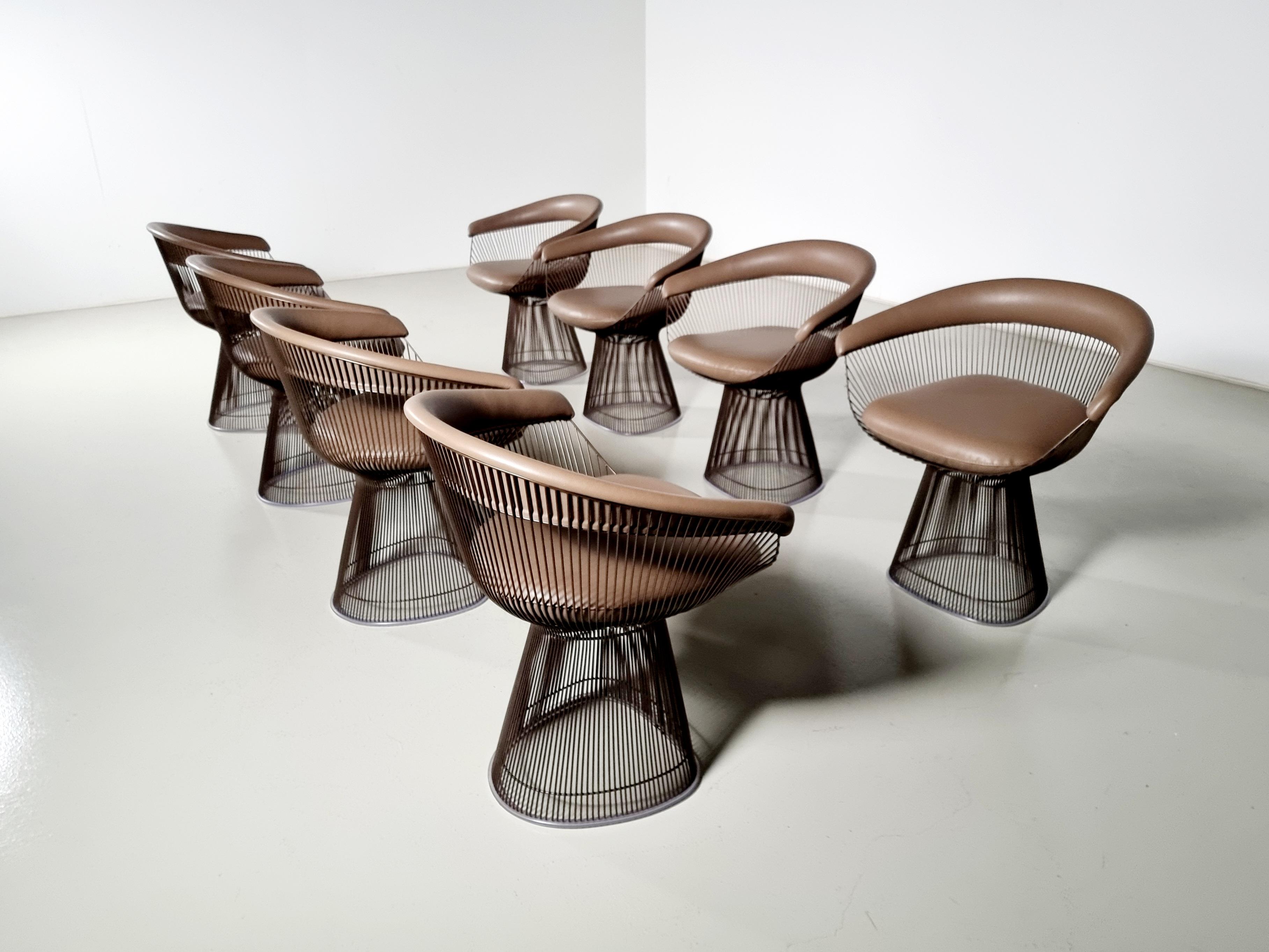 Mid-Century Modern Warren Platner dining chairs in bronze and leather, Knoll International
