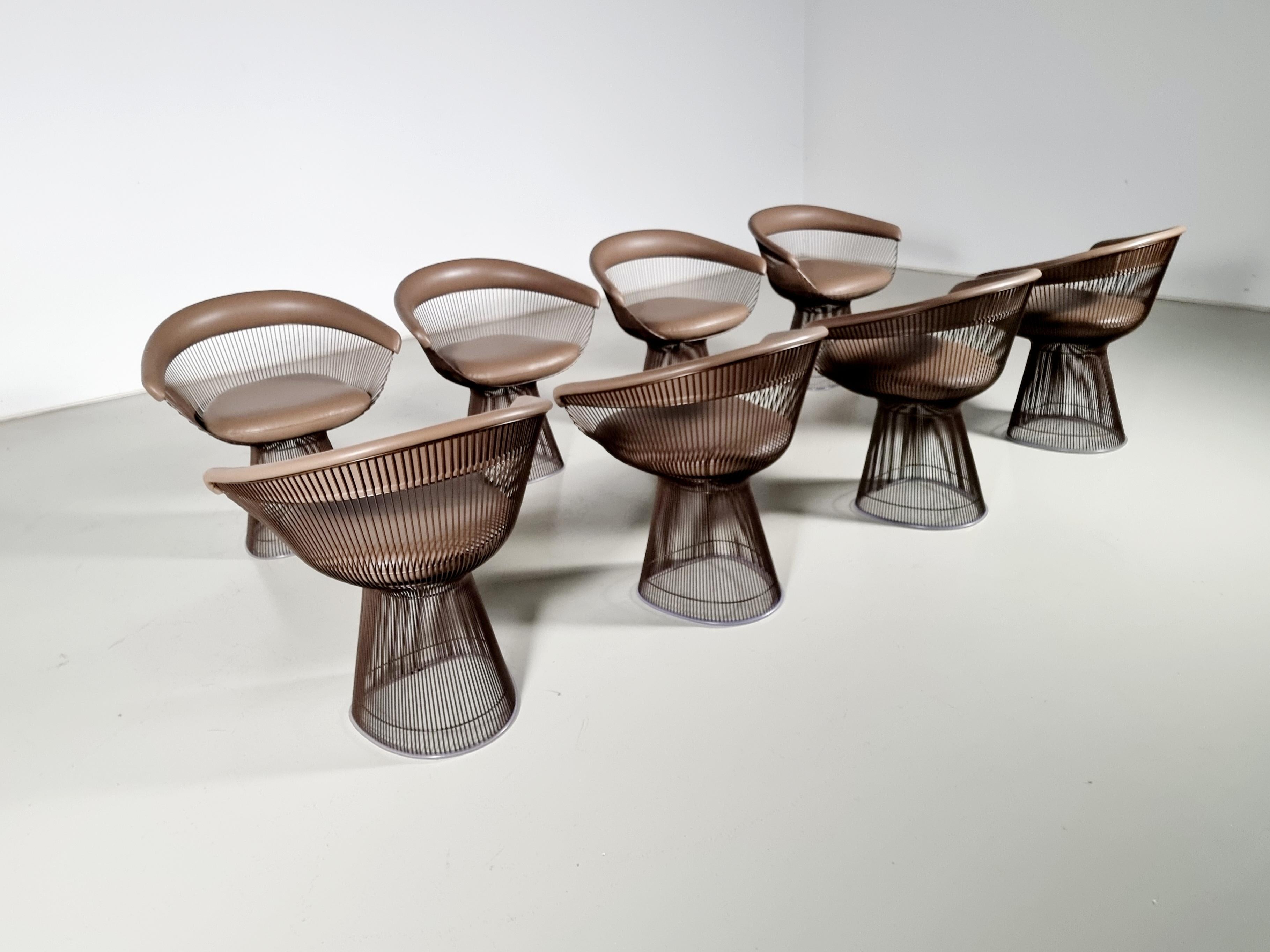 European Warren Platner dining chairs in bronze and leather, Knoll International