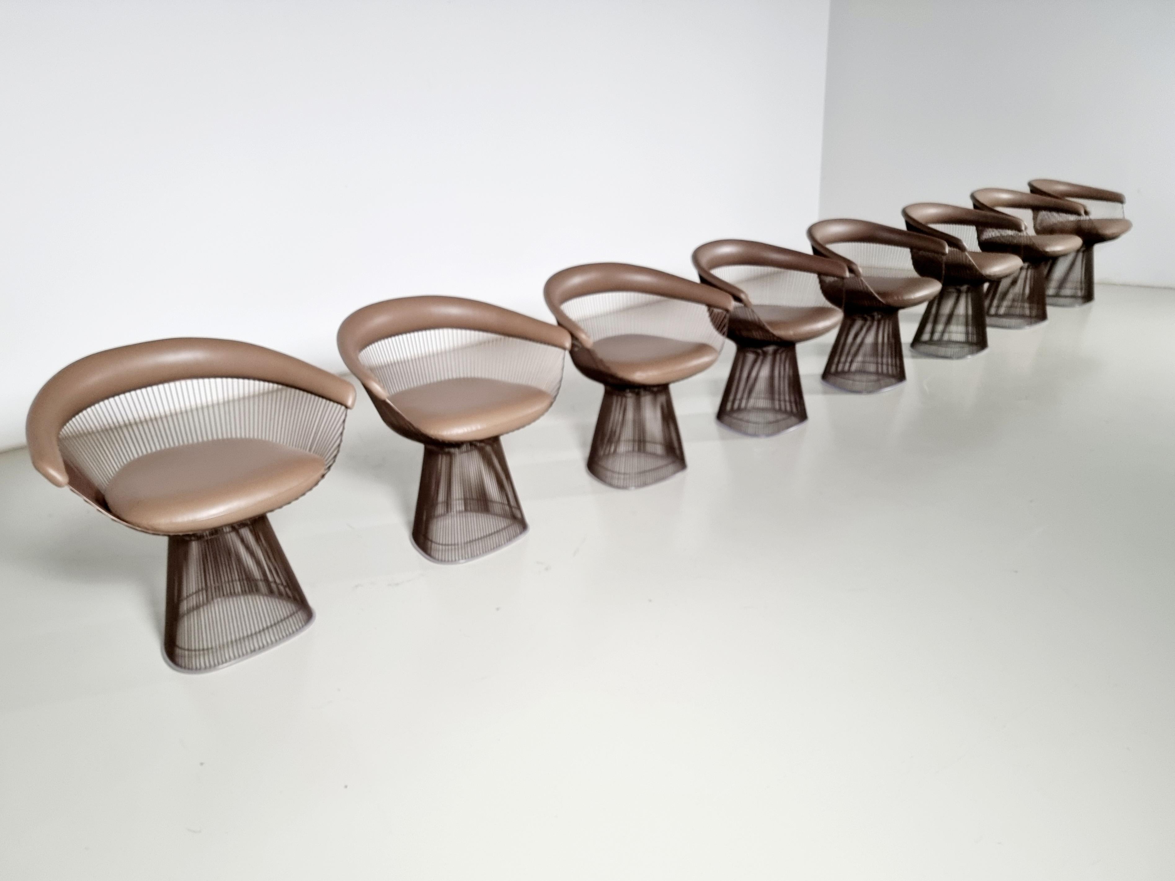 Contemporary Warren Platner dining chairs in bronze and leather, Knoll International