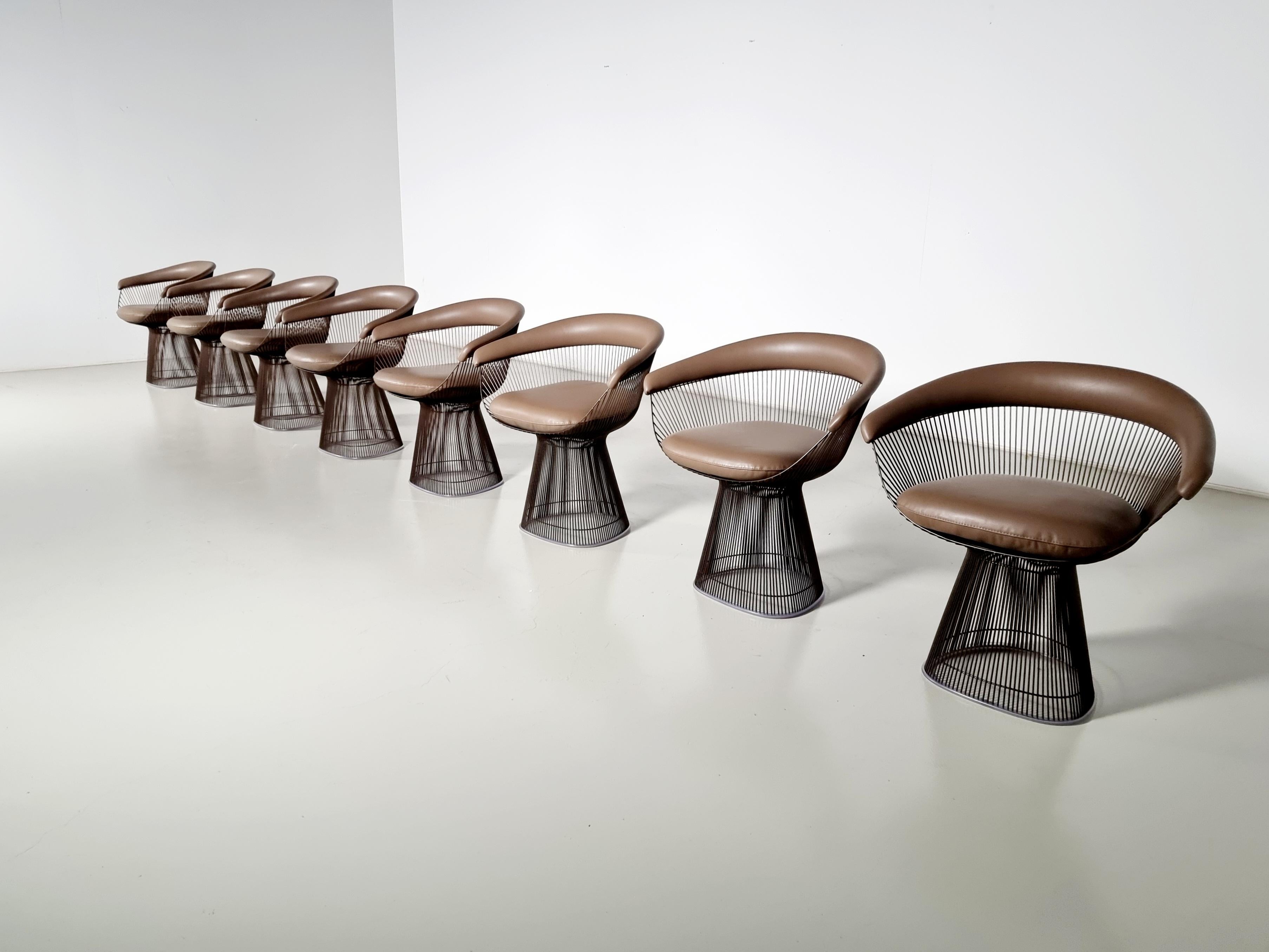 Bronze Warren Platner dining chairs in bronze and leather, Knoll International