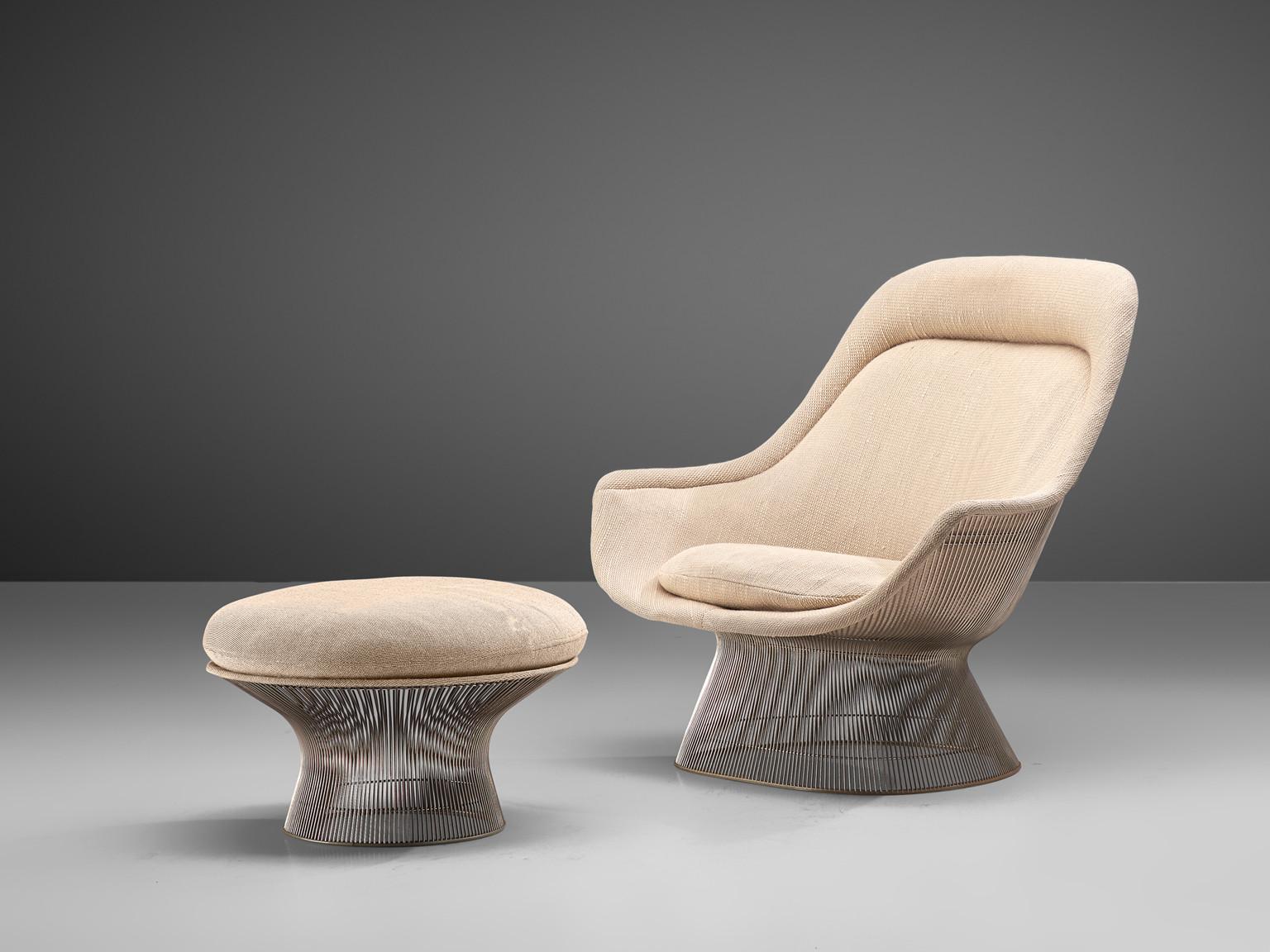 Warren Platner for Knoll, easy chair 'model 1705' and ottoman, steel and beige fabric, United States, design 1966, production later.

This iconic easy chair by Warren Platner is created by welding curved steel rods to circular and semi-circular