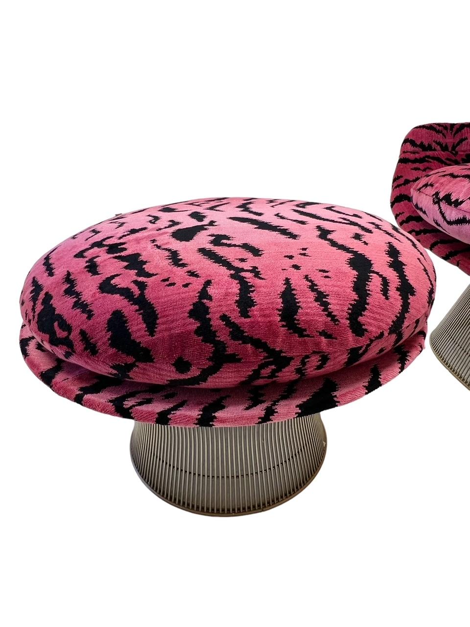 Metal Warren Platner Easy Chair and Ottoman in Scalamandre Pink Tigre Fabric For Sale