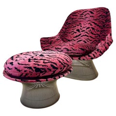 Vintage Warren Platner Easy Chair and Ottoman in Scalamandre Pink Tigre Fabric