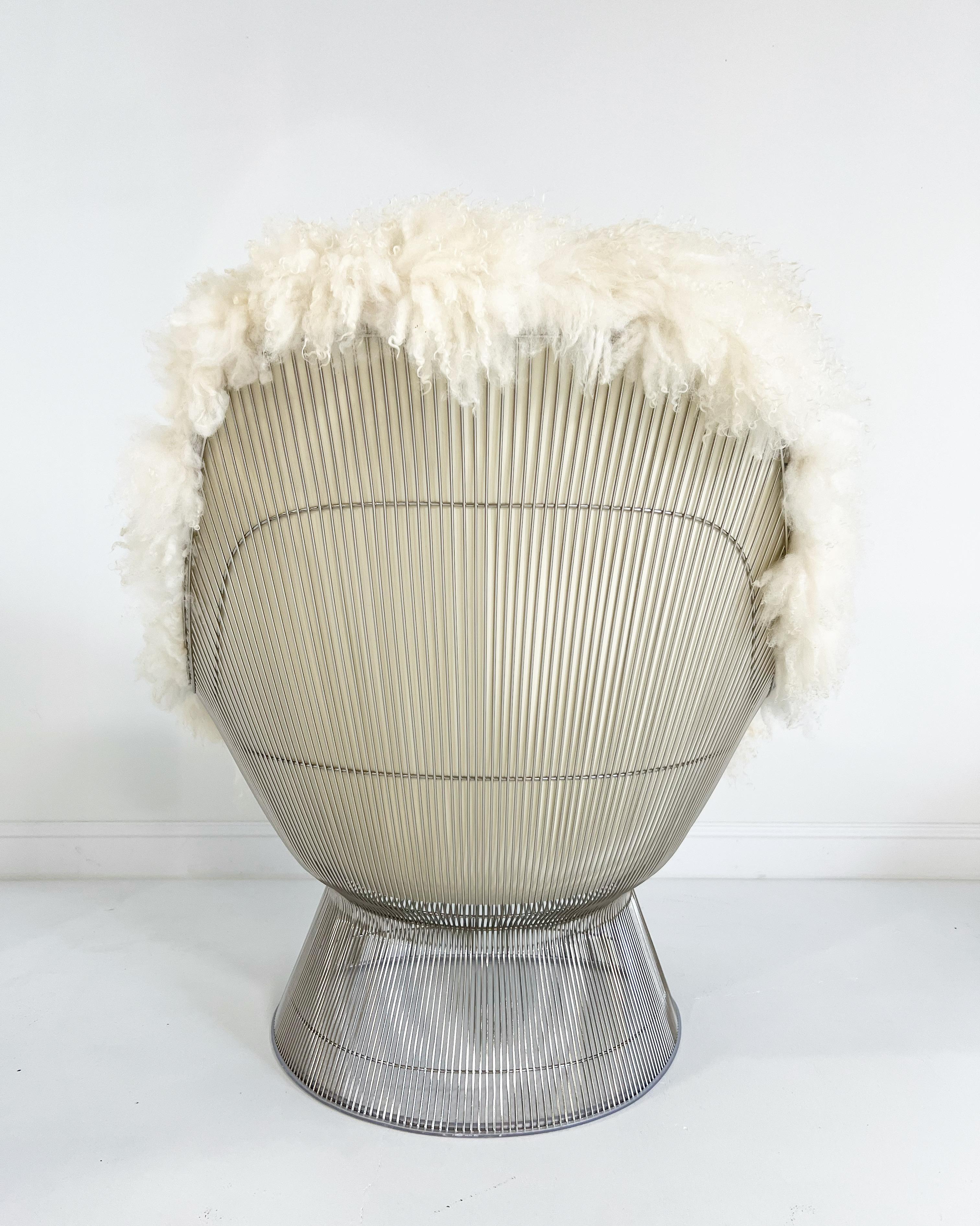 Contemporary Warren Platner Easy Chair and Ottoman, Restored in Gotland Sheepskin and Leather