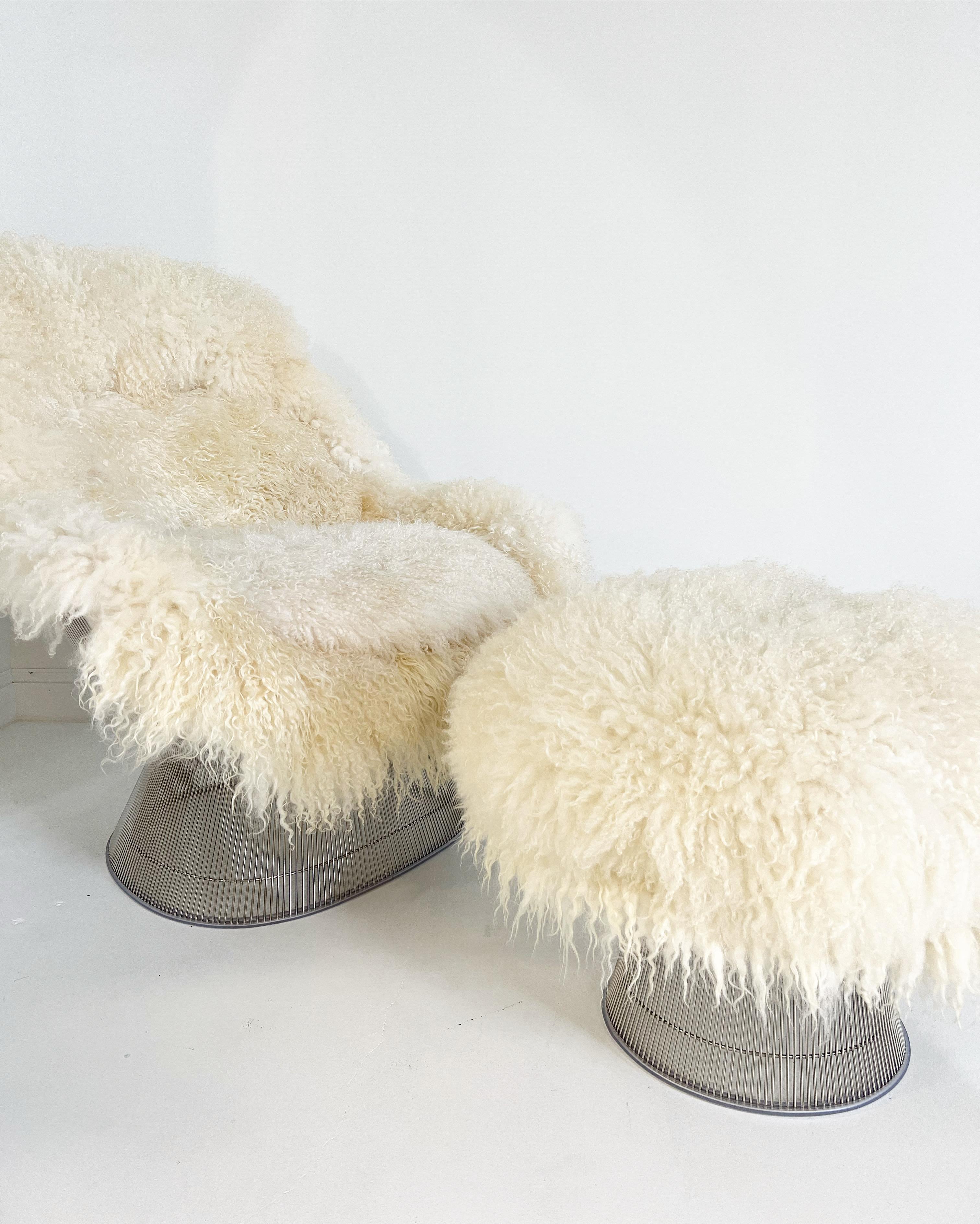Warren Platner Easy Chair and Ottoman, Restored in Gotland Sheepskin and Leather 4