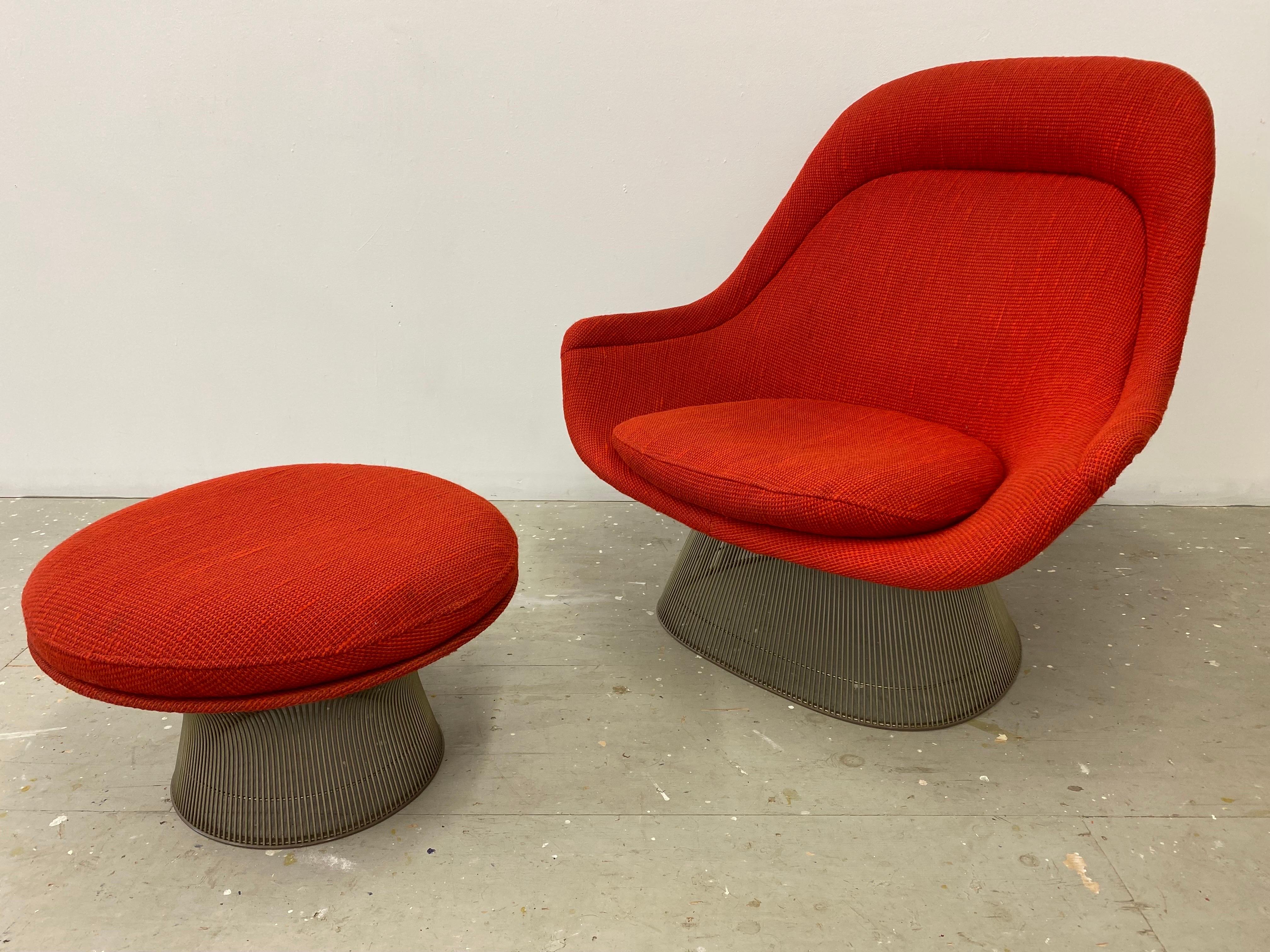 Warren Platner Lounge chair and ottoman in it's Original Cado Red Fabric! Upholstery was removed from frame and all new foam was installed, Fabric is in great shape, with slight wear on the arms. Nickel Frame is clean. Truely one of the most