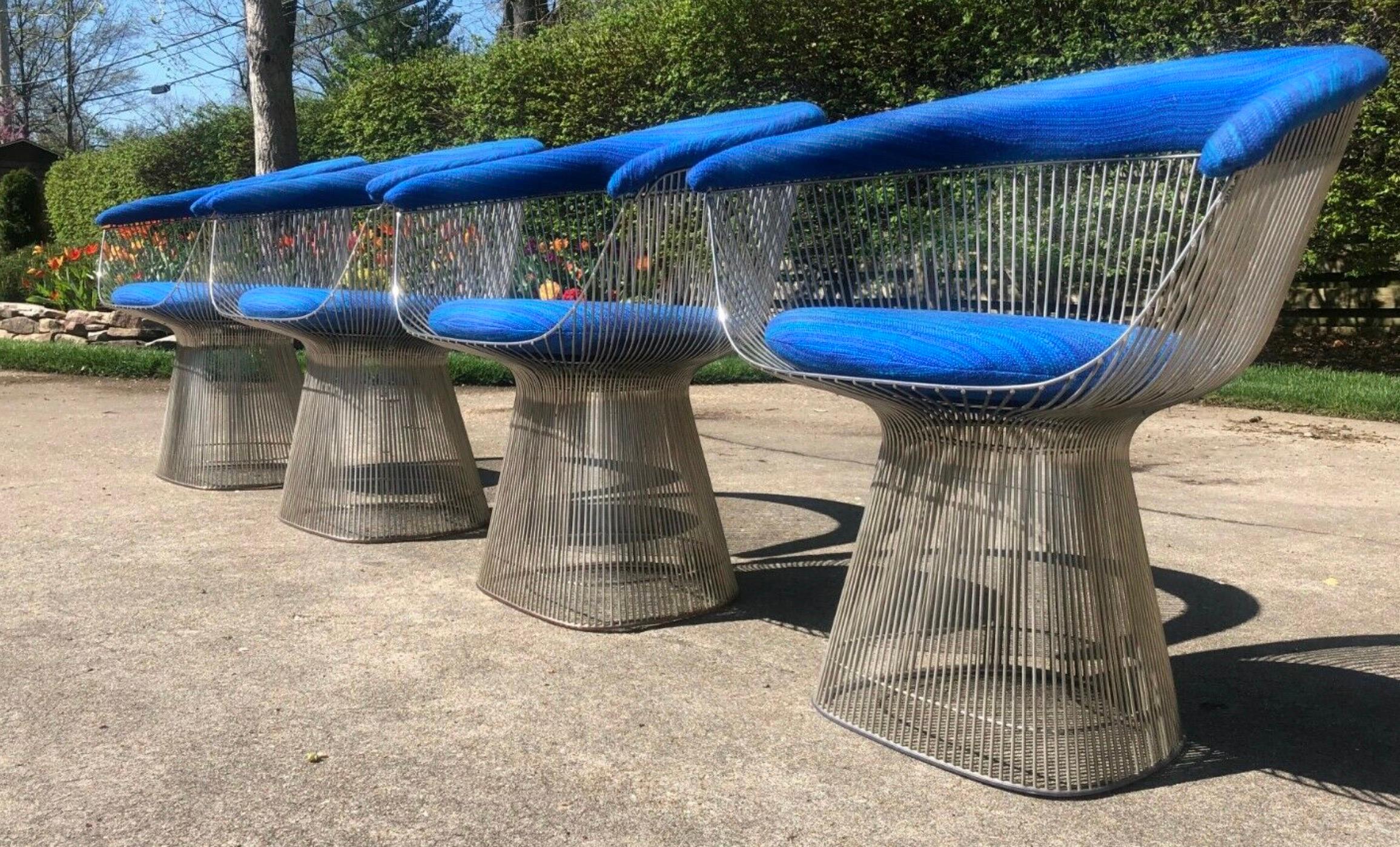 Warren Platner for Knoll armchair set of 4, nickel, blue wool, 1966. Gorgeous original nickel plated finish. Blue wool hopsack textile. 

With his experience in the firm of Eero Saarinen and Associates, it is not surprising that the mantel for the