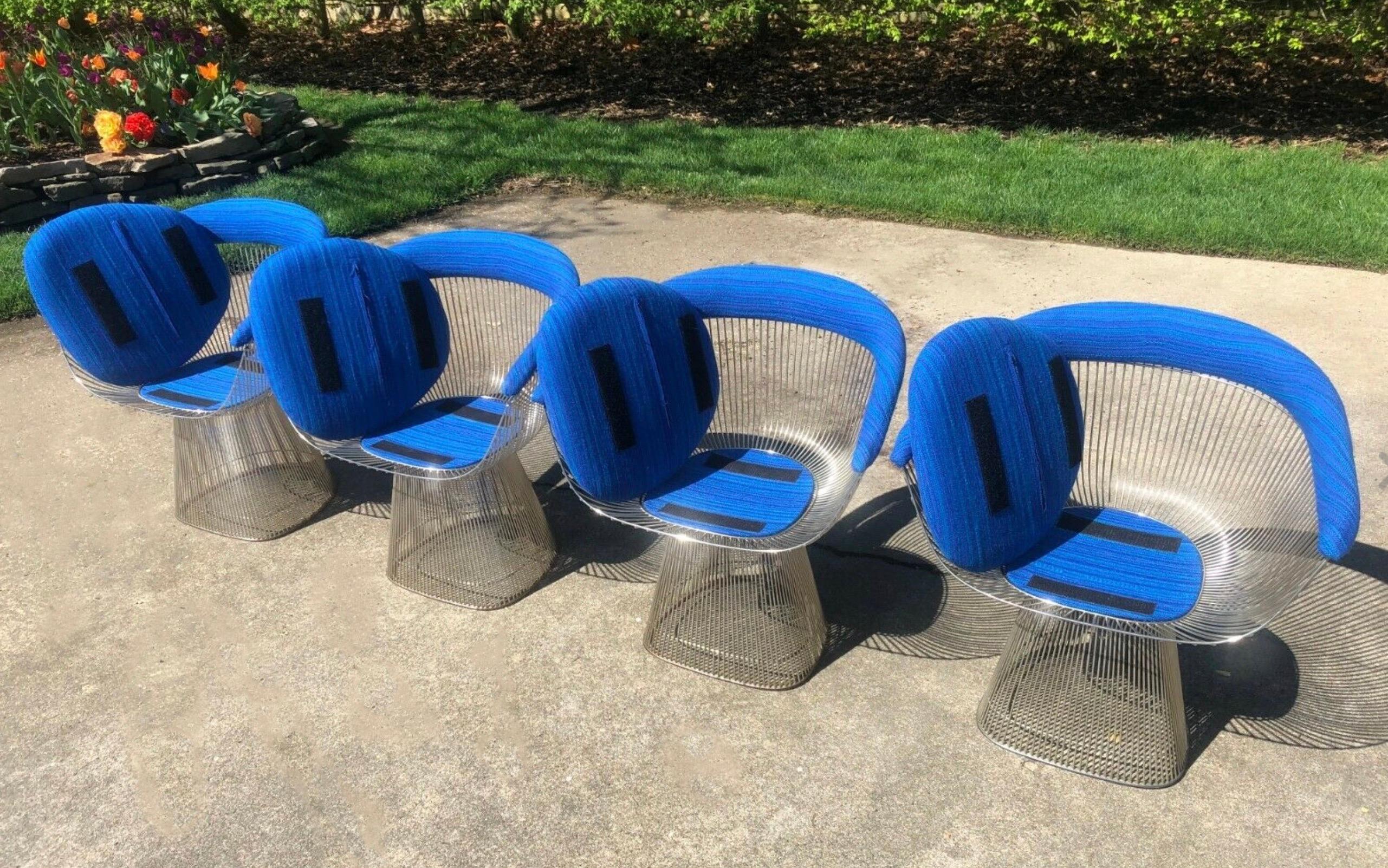 Mid-Century Modern Warren Platner for Knoll Armchair Set of 4, Nickel, Blue Wool, 1966