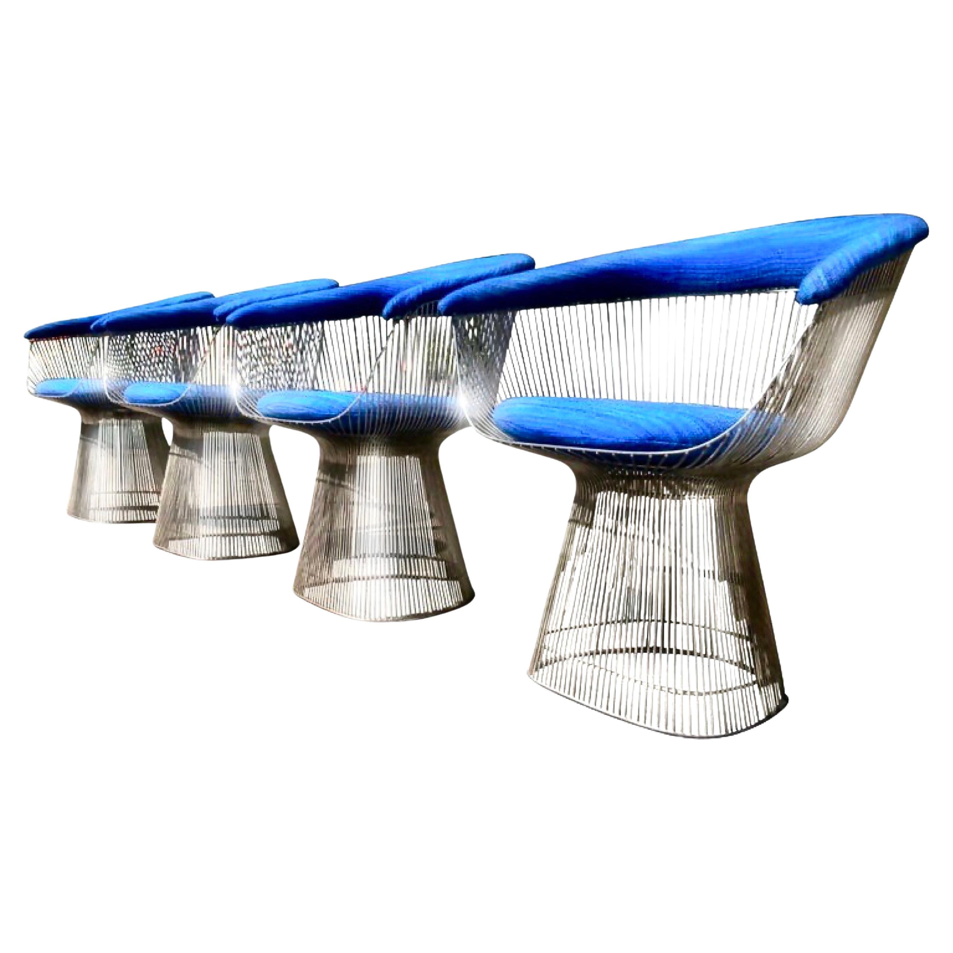 Warren Platner for Knoll Armchair Set of 4, Nickel, Blue Wool, 1966