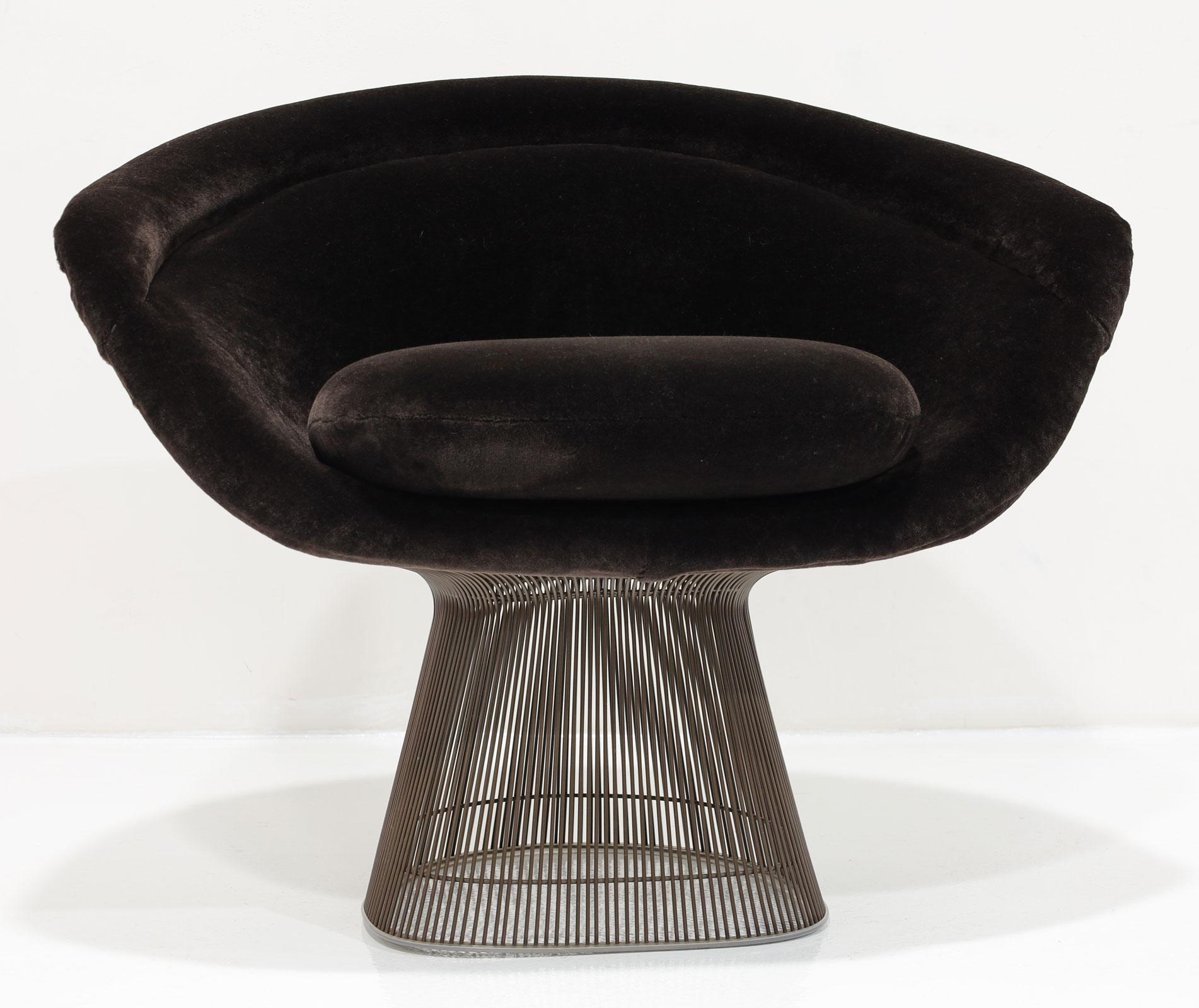Warren Platner's iconic lounge chair in a monochromatic look. Bronze frame and deep brown lustrous mohair by Holly Hunt Great Plains make this a subtly elegant chair with comfort. 