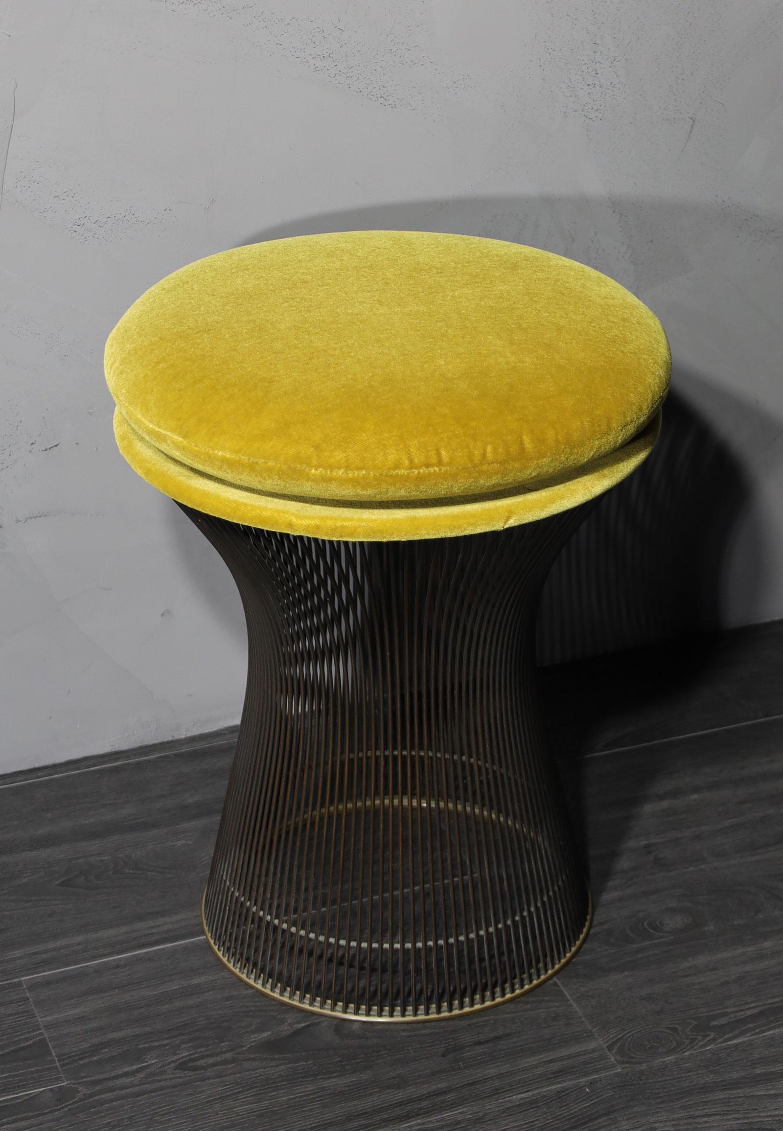 A beautiful stool designed by Warren Platner for Knoll. Stool has been reupholstered in a high quality mustard colored mohair. Stool is bronze and bears Art-Metal Knoll label.