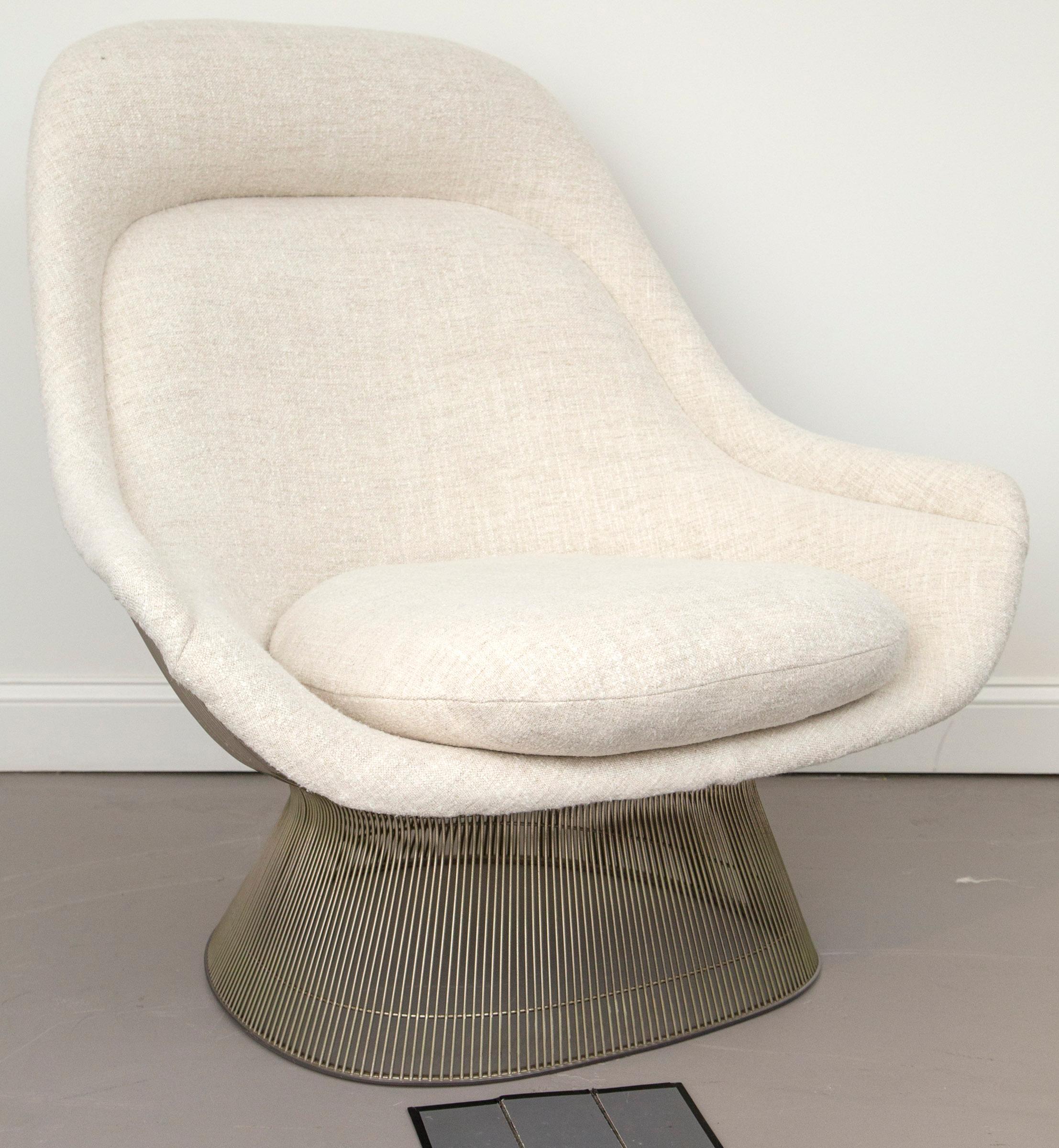 Beautiful and iconic Warren Platner for Knoll high back lounge chair in nickel finish recovered in a new Maharam wool fabric. Simple design yet incredible attention to detail make this chair attractive to look at as well as comfortable.

Two