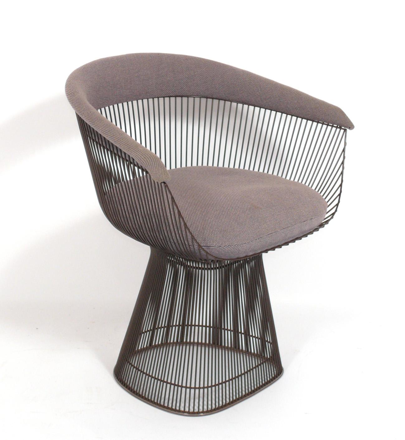 Set of four sculptural dining chairs, designed by Warren Platner for Knoll, American, circa 1960s. Signed with Knoll label. These chairs are currently being reupholstered and can be completed in your fabric. Simply send us 9 yards of your fabric