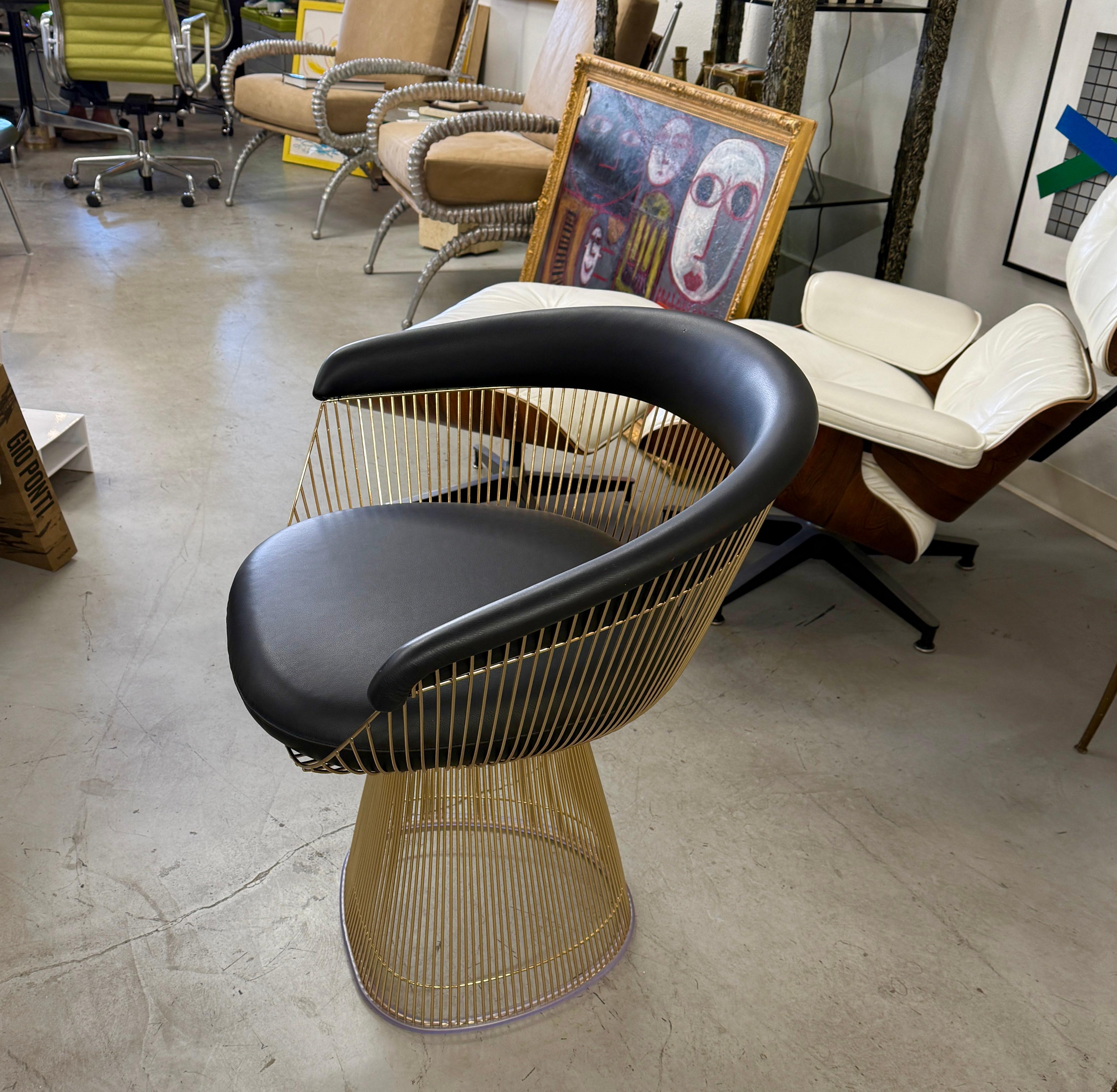 Hand-Crafted Warren Platner for Knoll Gold Plated Armchair with Andes Black Leather For Sale