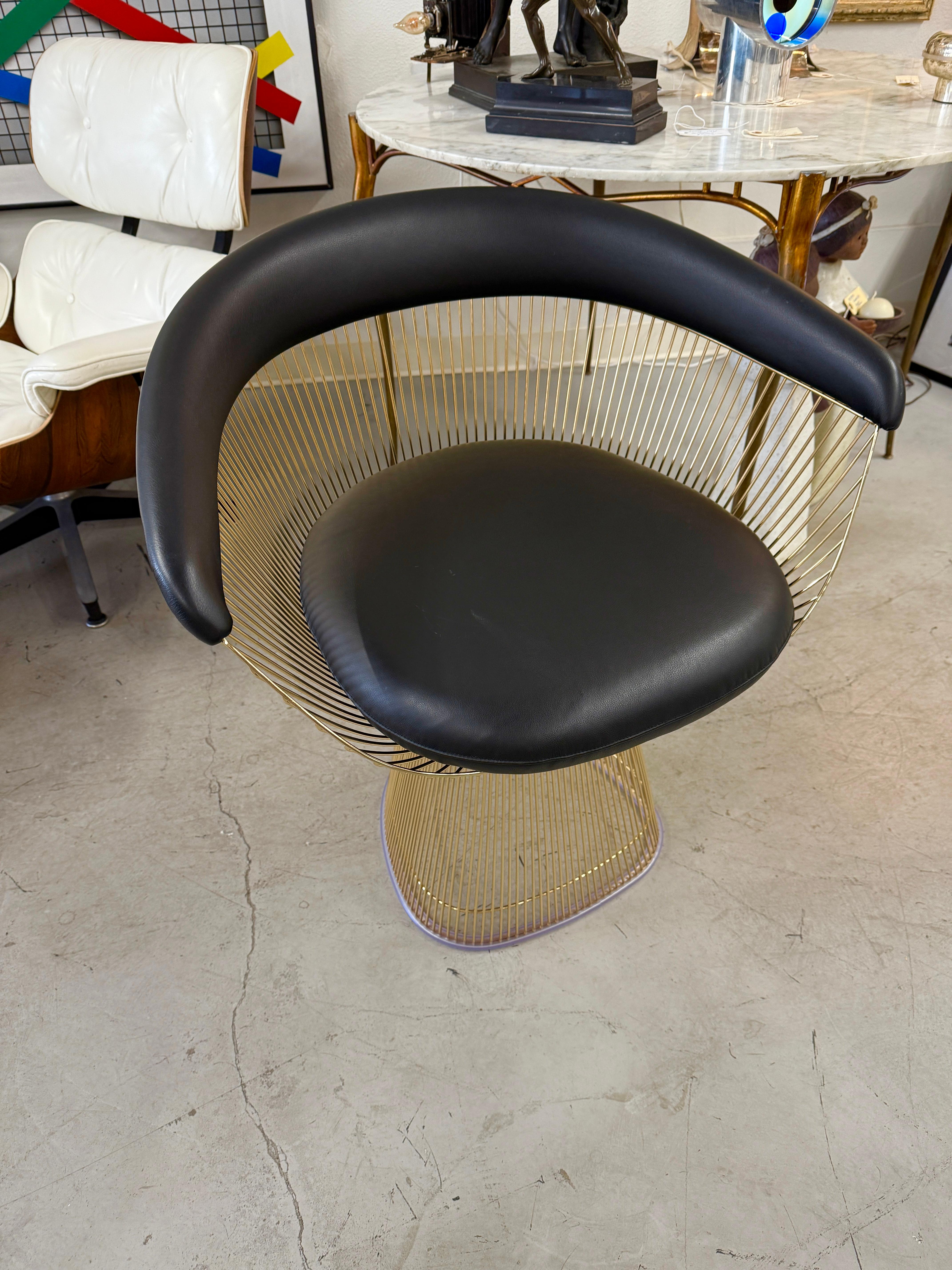 Contemporary Warren Platner for Knoll Gold Plated Armchair with Andes Black Leather For Sale