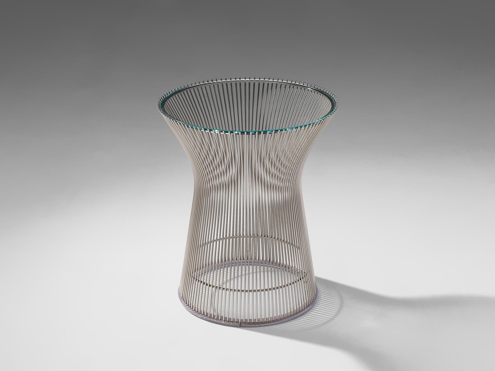 Warren Platner for Knoll International, coffee table, glass, metal, United States, design 1966, later production

This iconic side table by Warren Platner is created by welding curved steel rods to circular and semi-circular frames, simultaneously