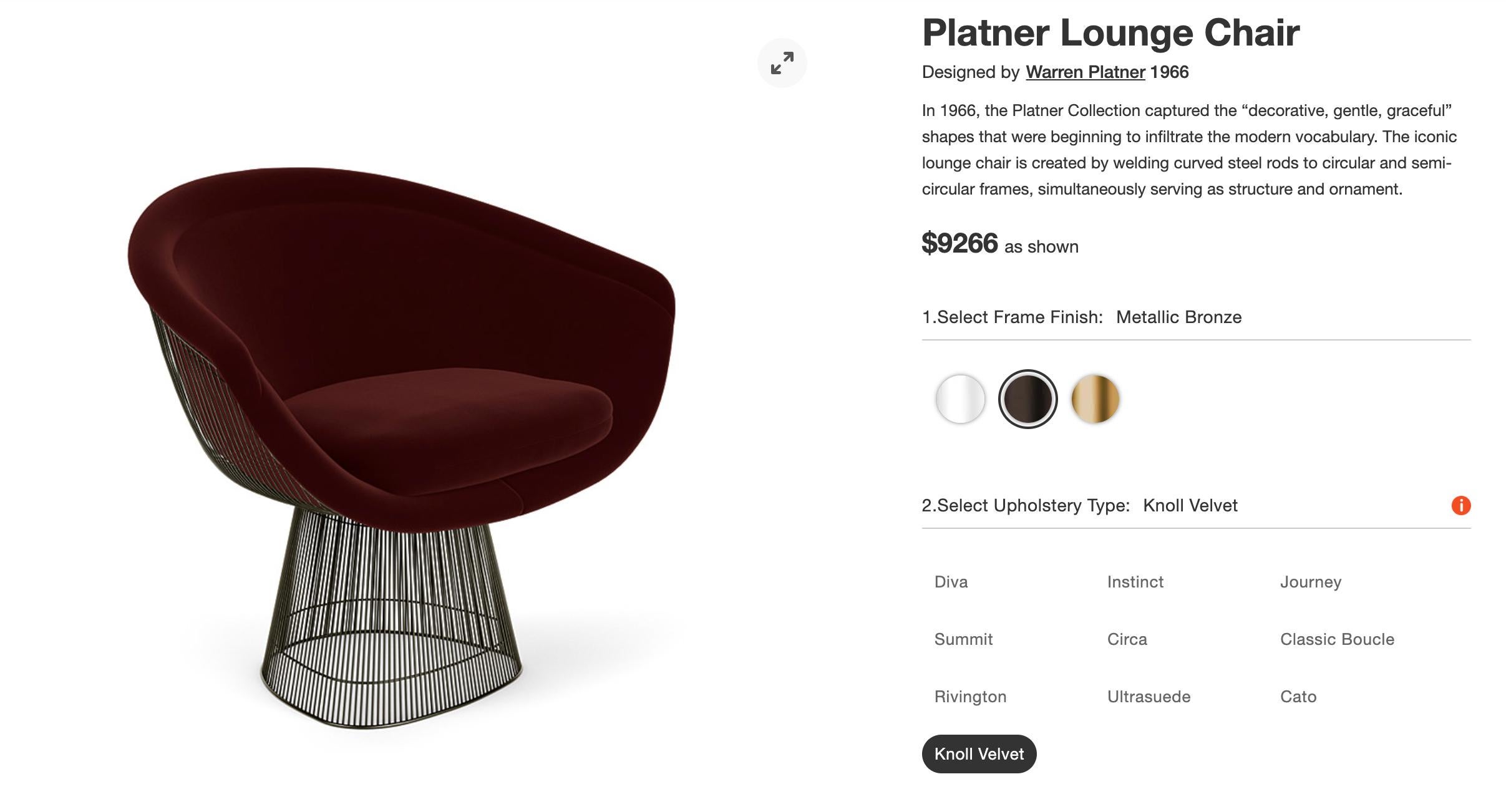 Warren Platner for Knoll Lounge Chair in Knoll Velvet with Bronze Finish For Sale 12