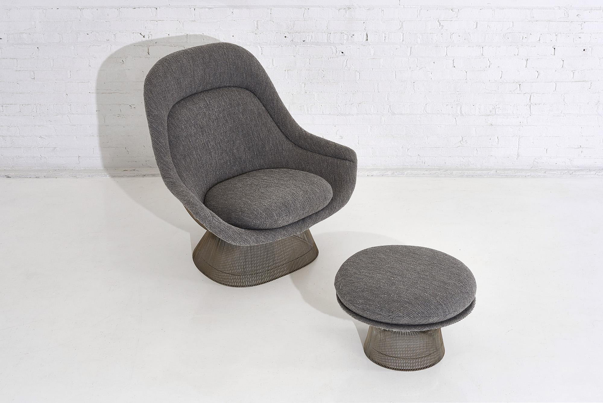 Warren Platner for Knoll lounge chair with ottoman. Reupholstered in gray boucle.