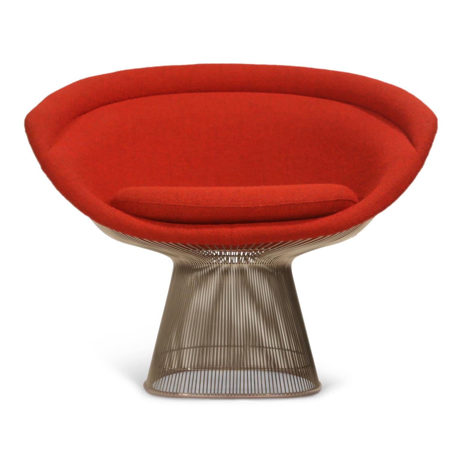 This near-mint condition set of four (4) Warren Platner for Knoll lounge chairs (Model 1715L) are upholstered in Knoll's gorgeous 'Classic Boucle' in 'Cayenne' color-way which is a beautiful deep red color, over nickel plated polished steel frames.