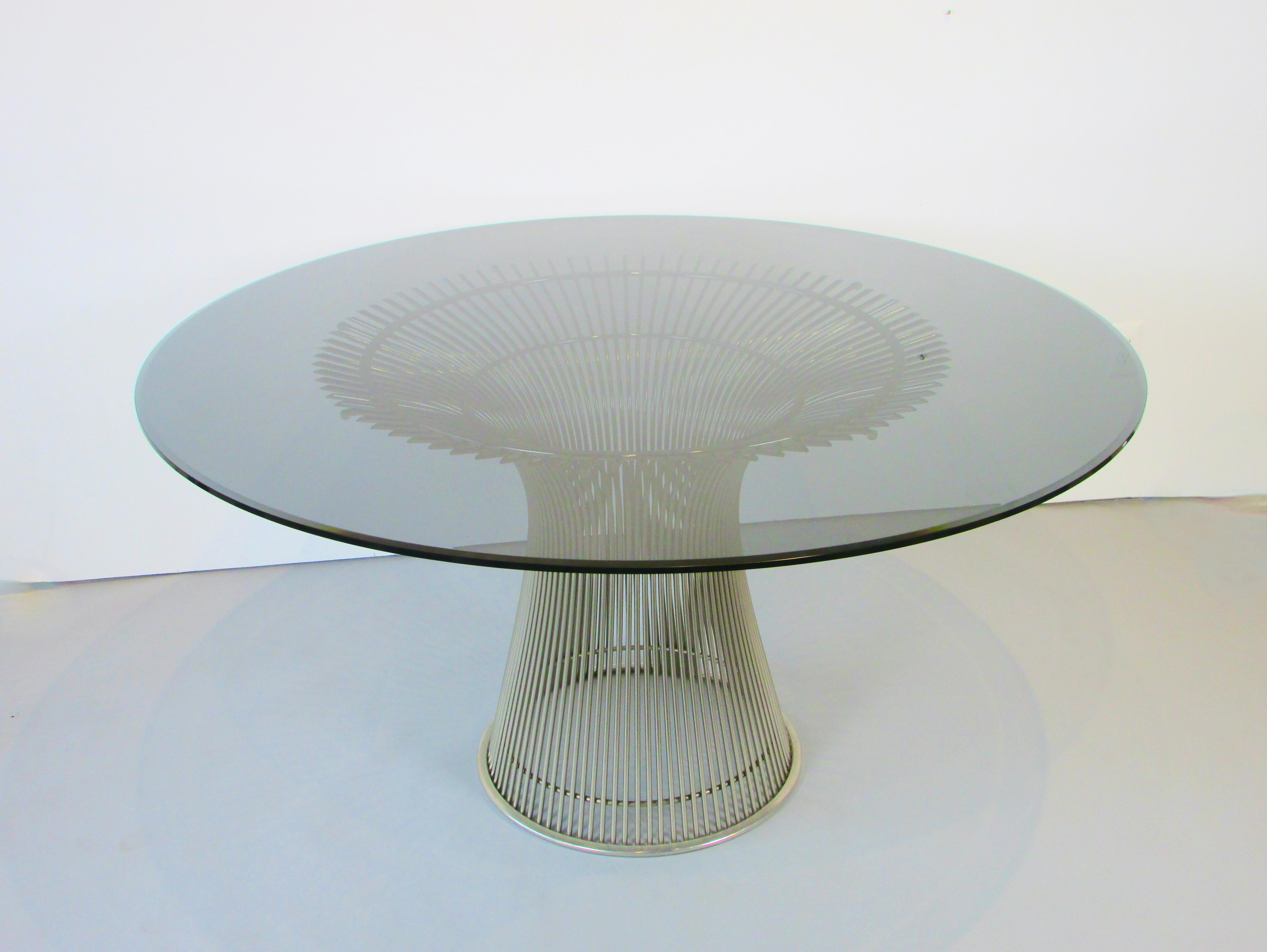 Mid-Century Modern Warren Platner for Knoll Round Glass Dining Table on Polished Nickel Plated Base