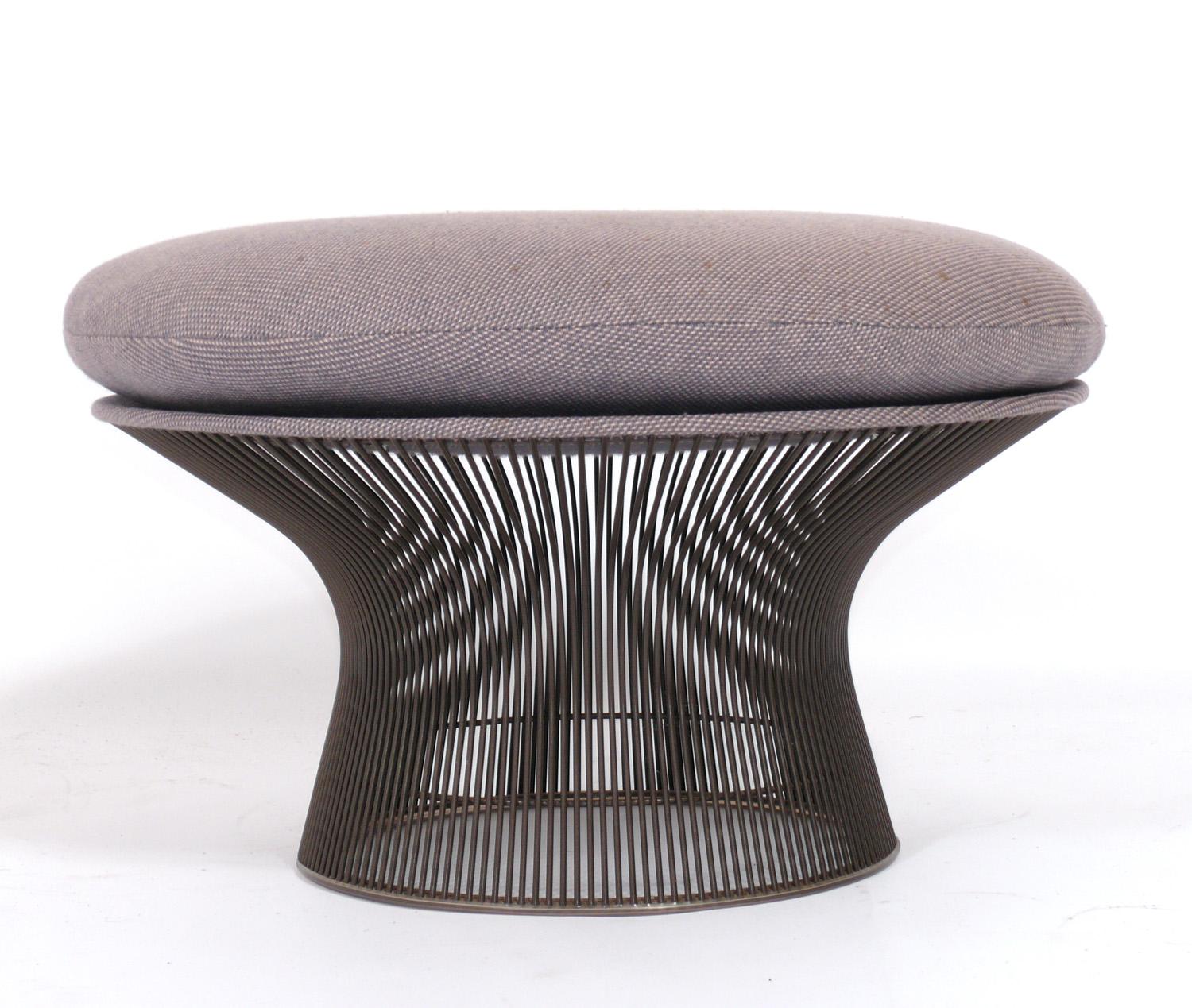 Sculptural stool or ottoman in original bronze finish, designed by Warren Platner for Knoll, American, circa 1960s. Signed with Knoll tag. This stool is currently being reupholstered and can be completed in your fabric. Simply send us 3 yards of
