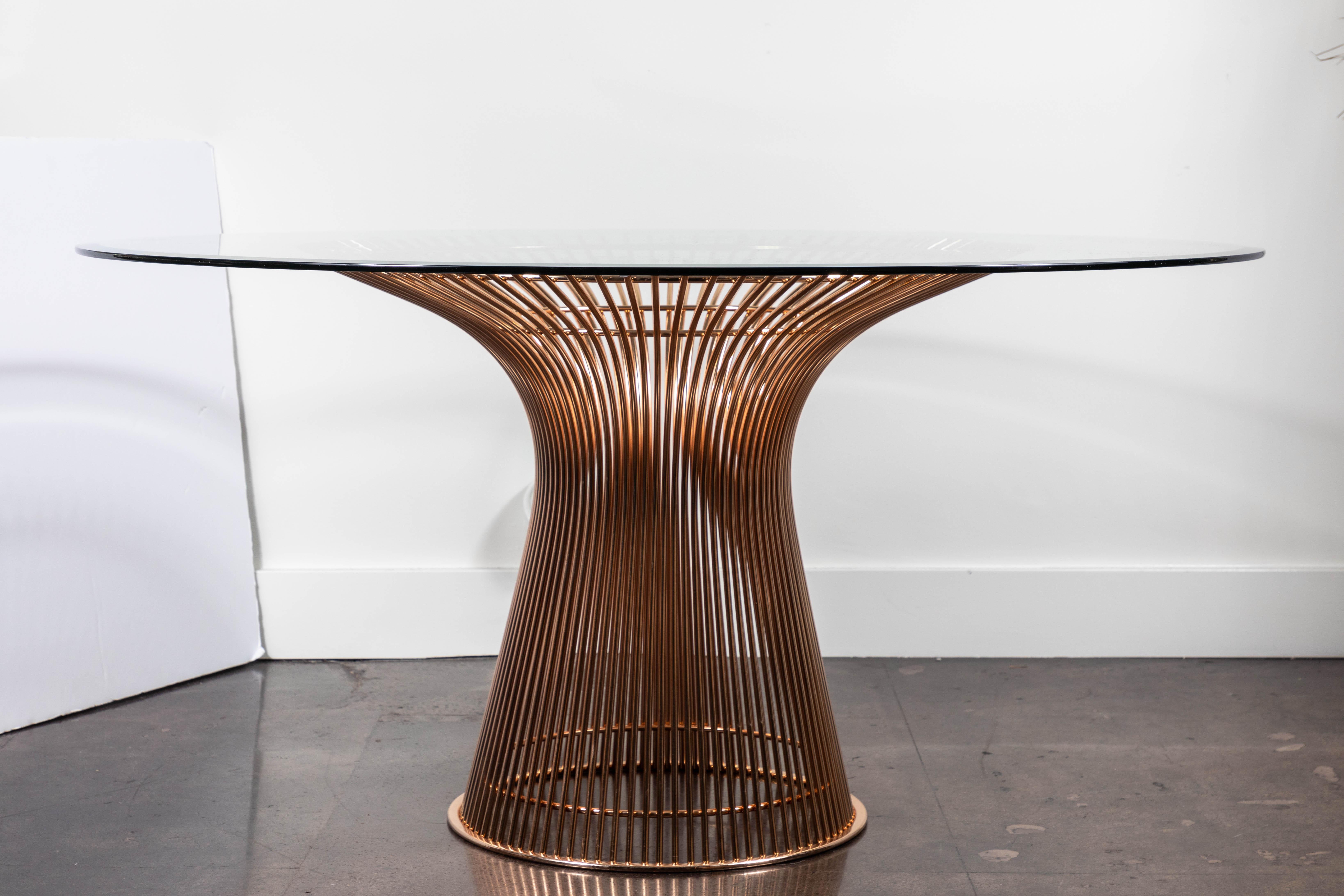 Classic Warren Platner designed table with glass top manufactured by Knoll in rose gold. Rose gold base was manufactured especially for the 50th anniversary edition of the table.