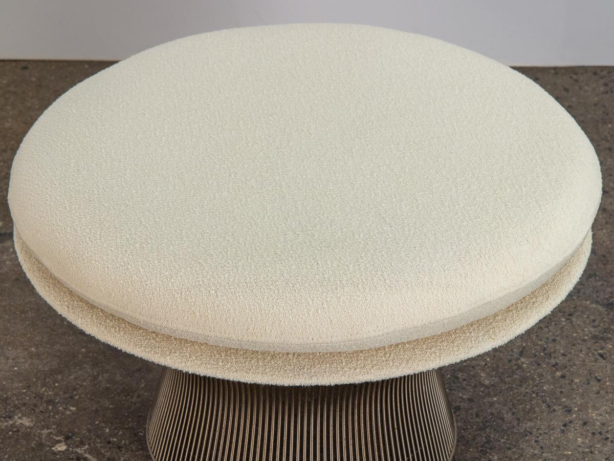 Oversized steel wire ottoman in bouclé, designed by Warren Platner for his namesake Platner collection for Knoll. Now a Classic modern form that is at once Industrial and organic. Upholstered in a creamy Knoll pearl wool bouclé. In excellent