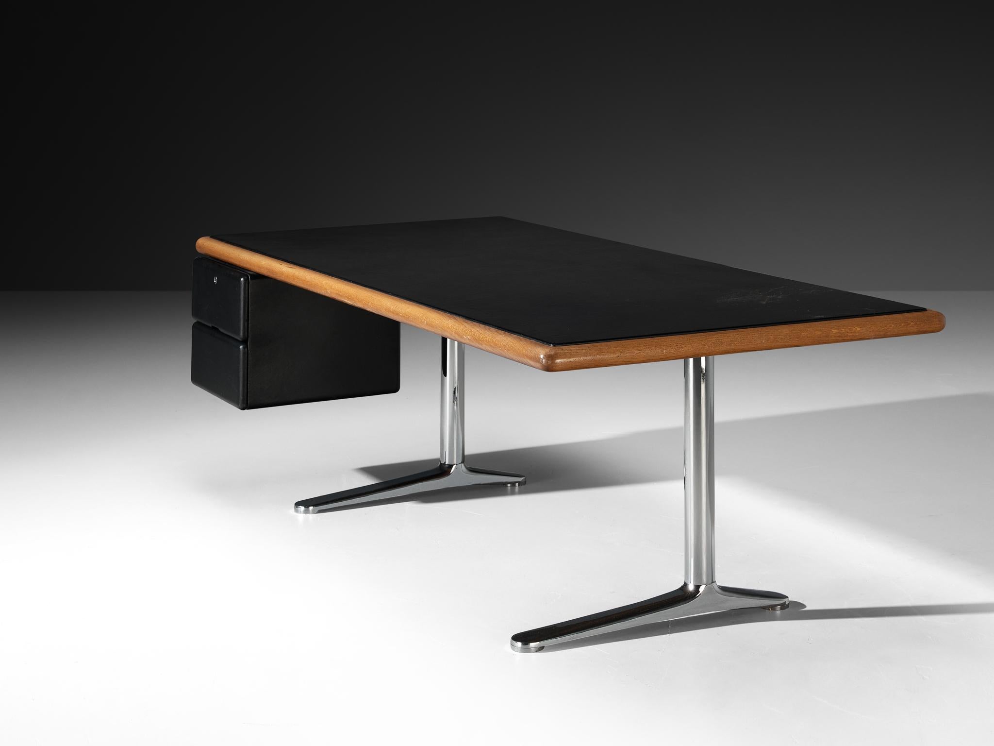 Metal Warren Platner for Knoll Writing Desk in Oak and Black Leather For Sale
