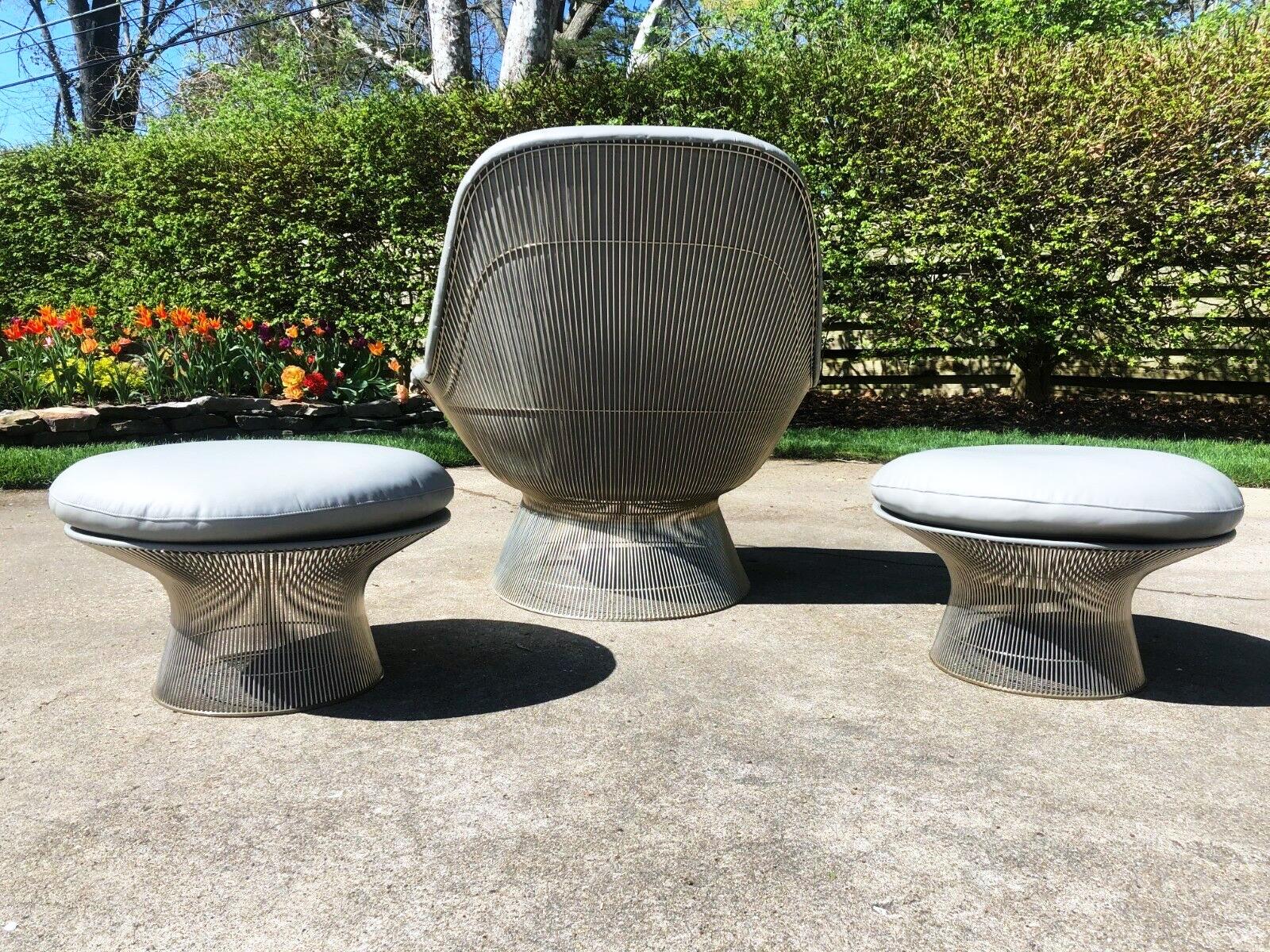 Stainless Steel Warren Platner Grey Leather Easy Chair and Ottoman Set of Three, Knoll, 1966 For Sale