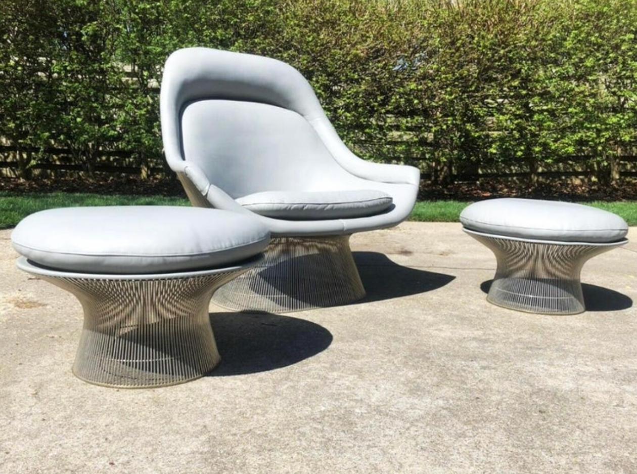 American Warren Platner Gray Leather 1705 Easy Chair and Ottoman Set of Two, Knoll, 1966 For Sale