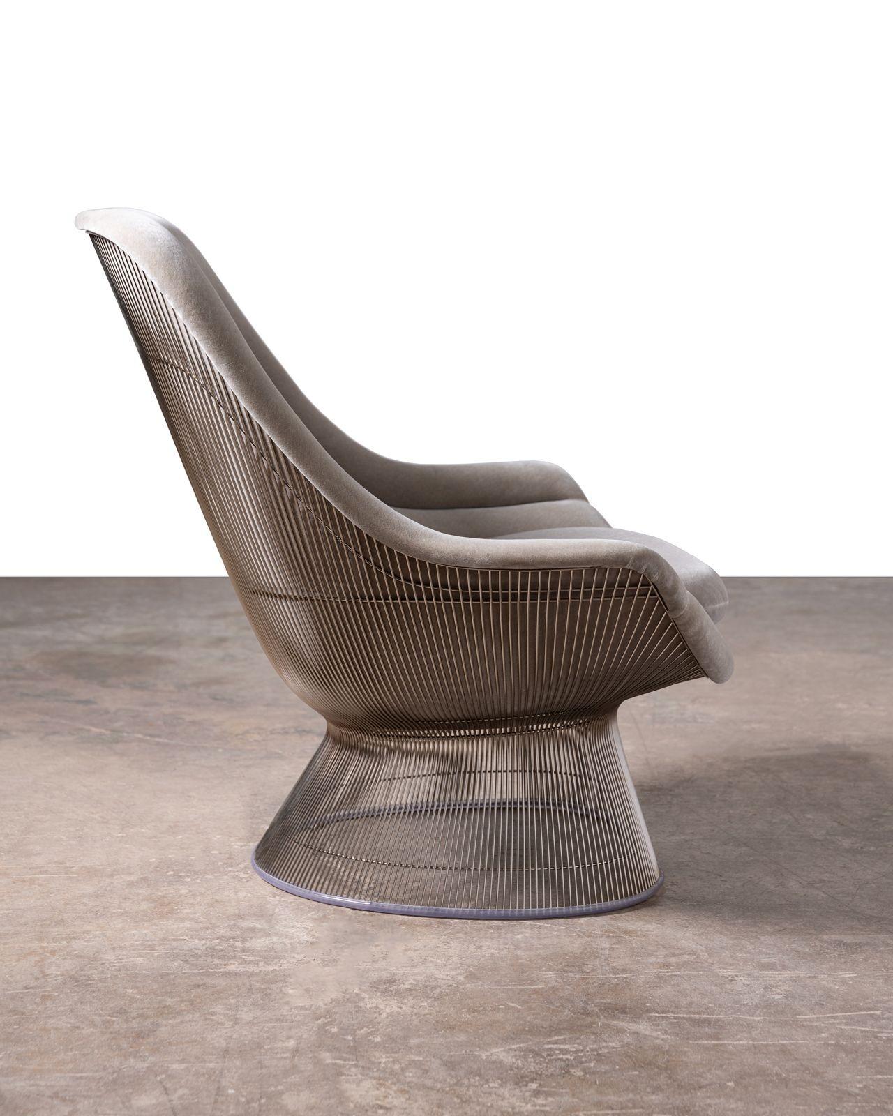 2 Warren Platner High Back Easy Chairs and Ottomans Gray Knoll Velvet & Nickel For Sale 4
