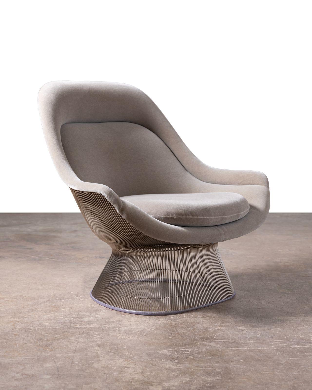 2 Warren Platner High Back Easy Chairs and Ottomans Gray Knoll Velvet & Nickel For Sale 5