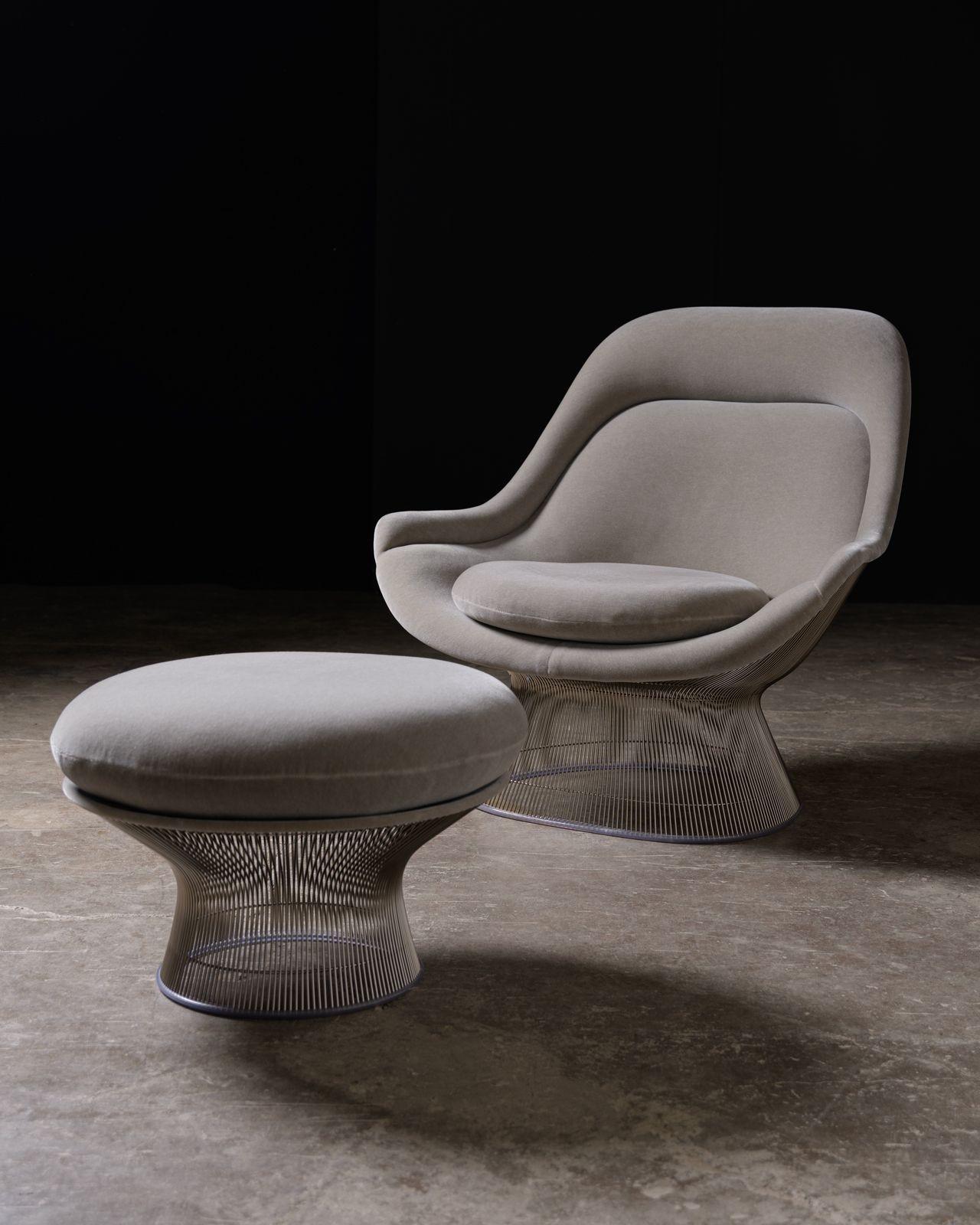 The price listed is for 2 pairs of easy chairs and ottomans designed by Warren Platner for Knoll. Crafted in polished nickel with the highest grade of Knoll Mohair Velvet upholstery. These chairs were deaccessioned from the Exxon Mobil headquarters