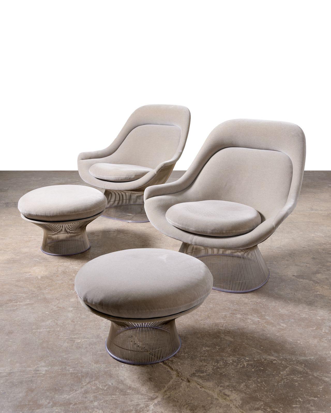 American 2 Warren Platner High Back Easy Chairs and Ottomans Gray Knoll Velvet & Nickel For Sale