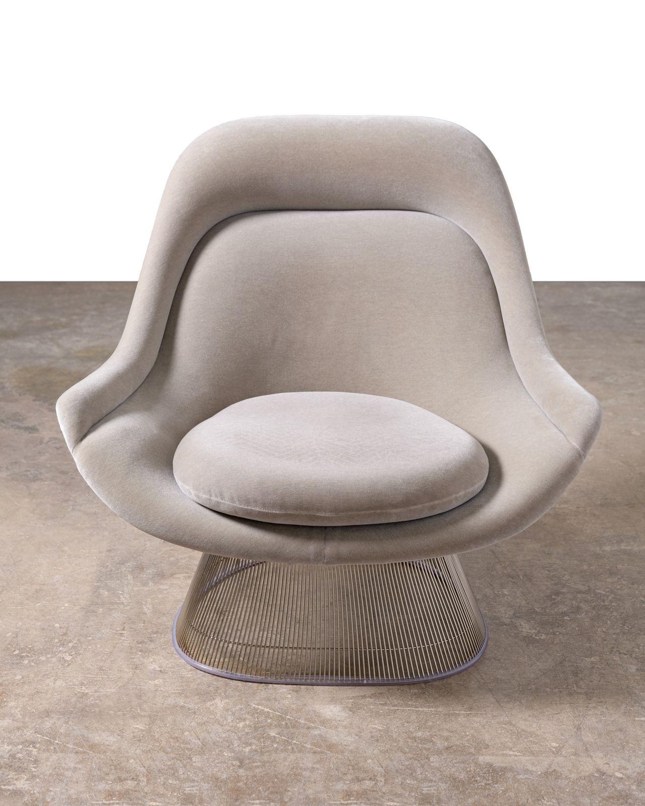 2 Warren Platner High Back Easy Chairs and Ottomans Gray Knoll Velvet & Nickel In Good Condition For Sale In Dallas, TX