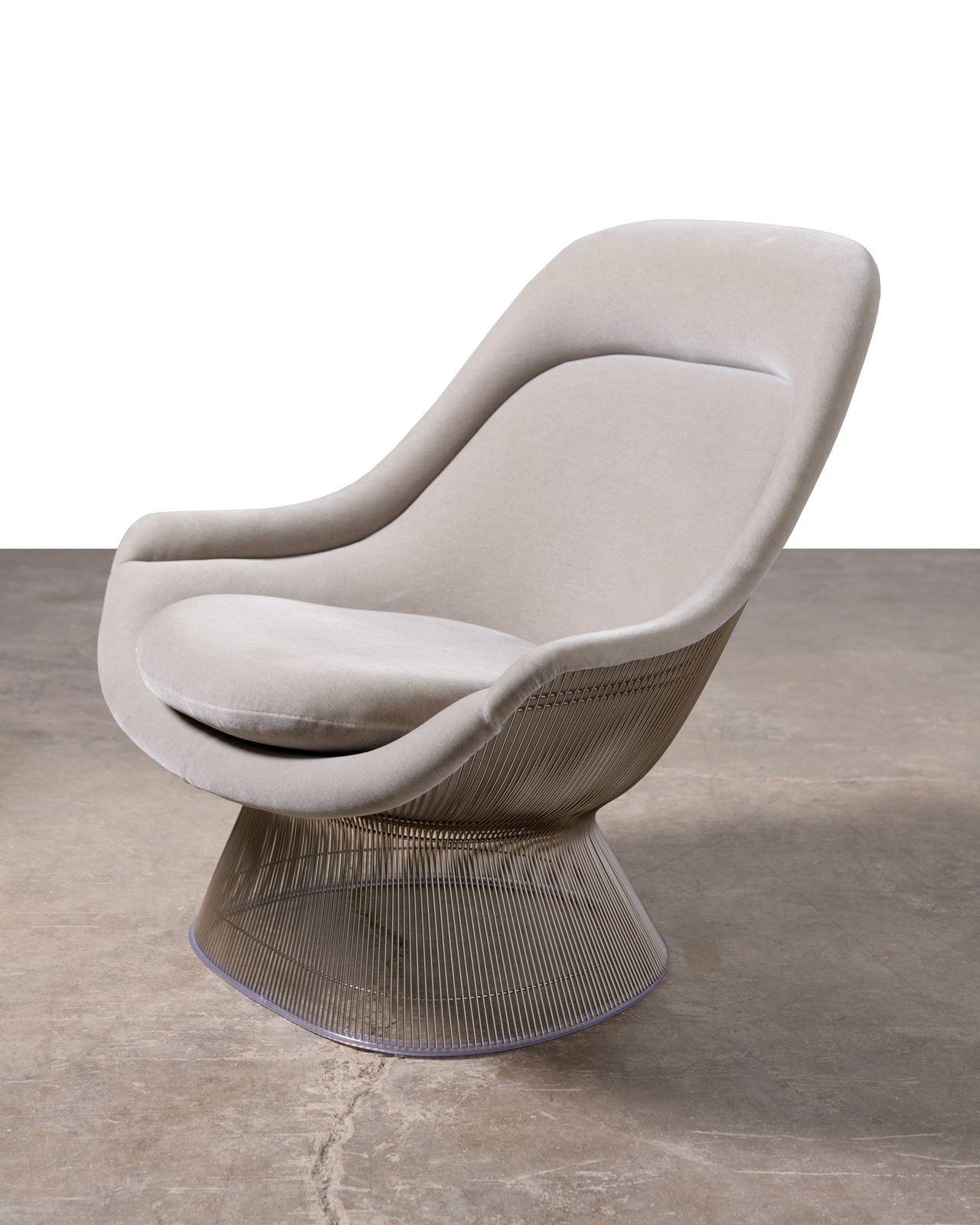 Contemporary 2 Warren Platner High Back Easy Chairs and Ottomans Gray Knoll Velvet & Nickel For Sale