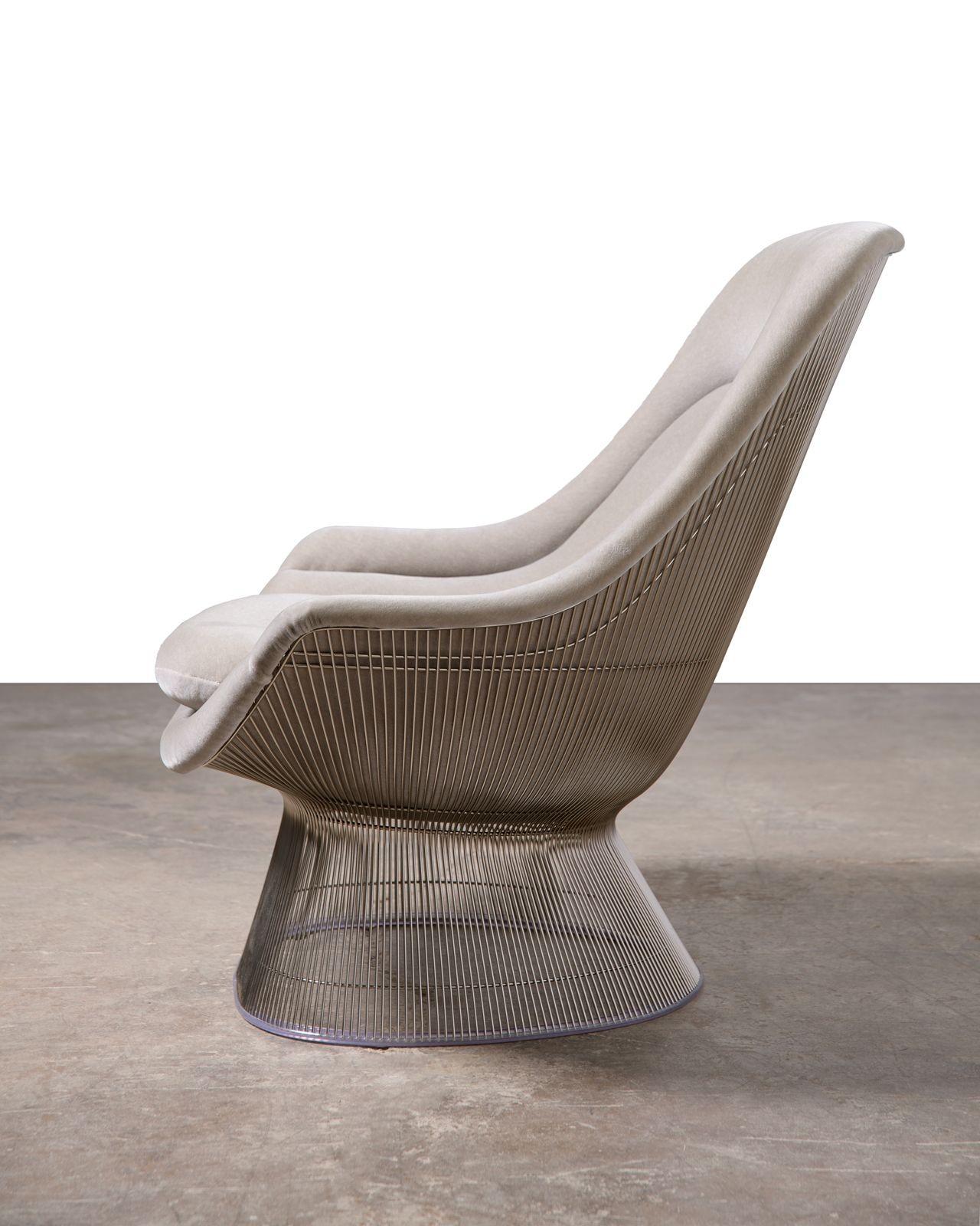 Mohair 2 Warren Platner High Back Easy Chairs and Ottomans Gray Knoll Velvet & Nickel For Sale