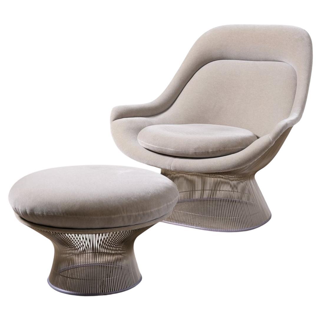 2 Warren Platner High Back Easy Chairs and Ottomans Gray Knoll Velvet & Nickel