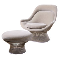 2 Warren Platner High Back Easy Chairs and Ottomans Gray Knoll Velvet & Nickel