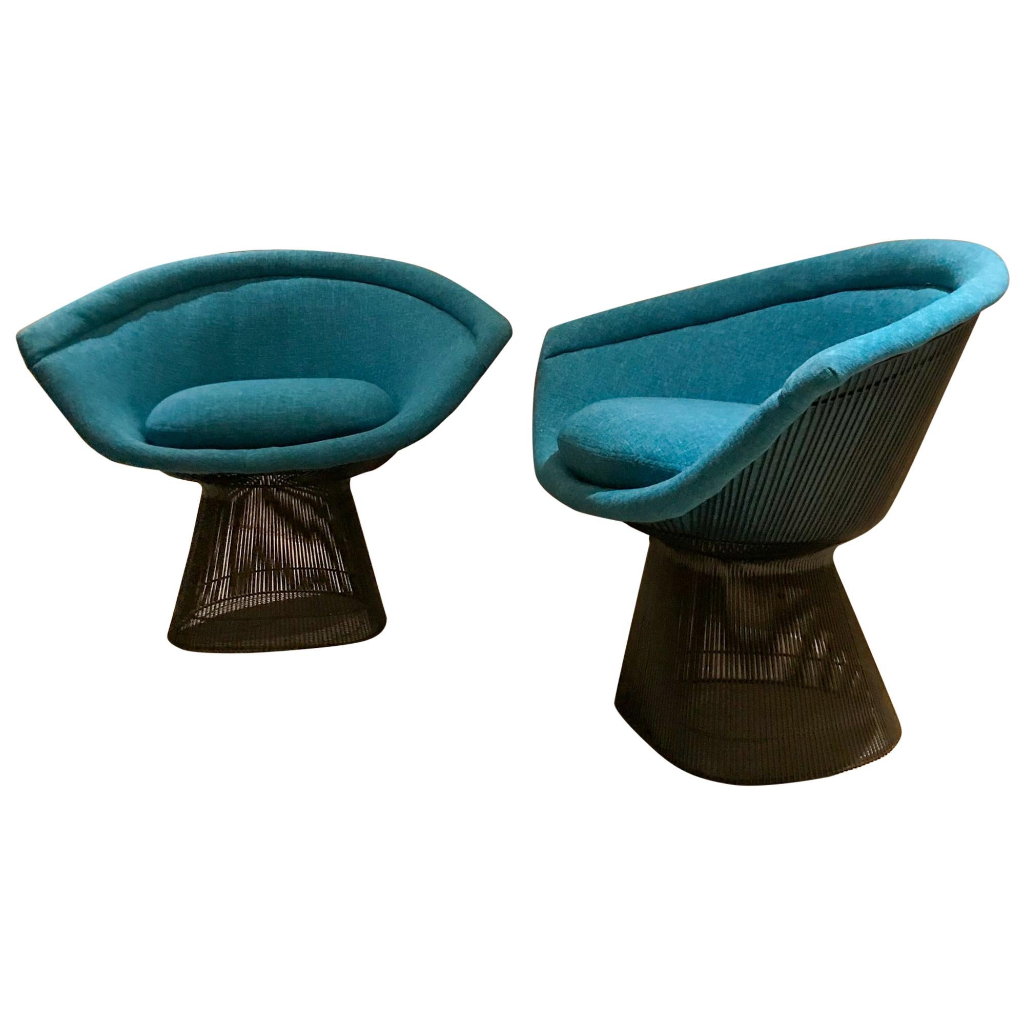 Warren Platner Inviting Teal Blue & Bronze Iconic Steel Knoll Lounge Chairs 