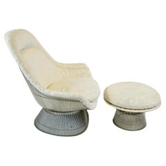 Warren Platner Knoll 1705, grande poltrona con pouf in tessuto safari esotico