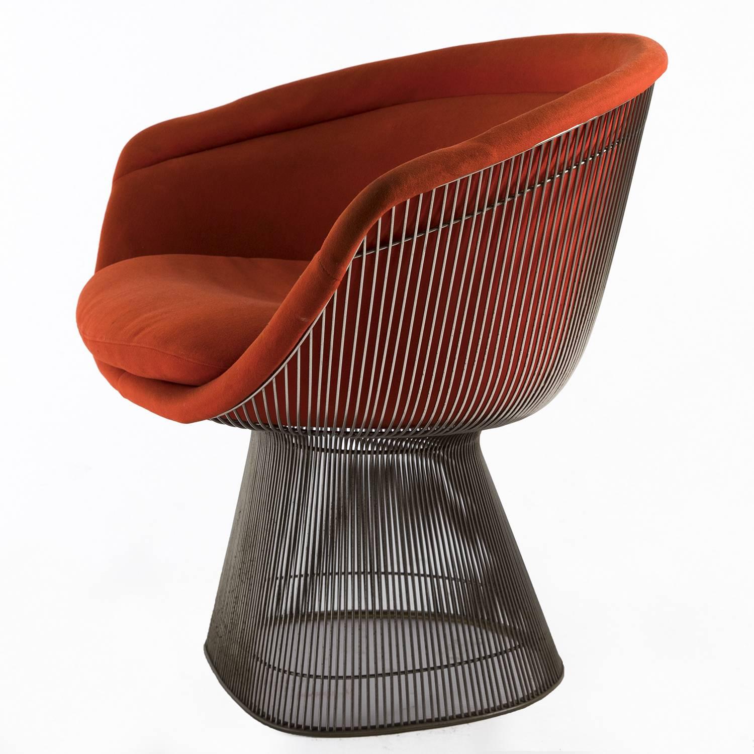 Original Warren Platner lounge chair for Knoll, circa 1966. Nickel-plate steel and original upholstery, fading and small upholstery cut on the back.